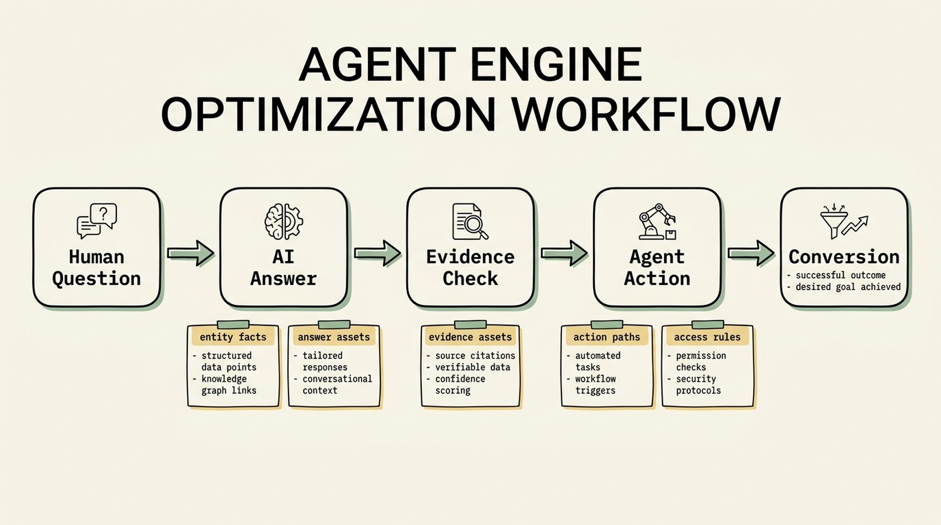 Agent engine optimization workflow: from human question to answer, evidence, tool call, and conversion