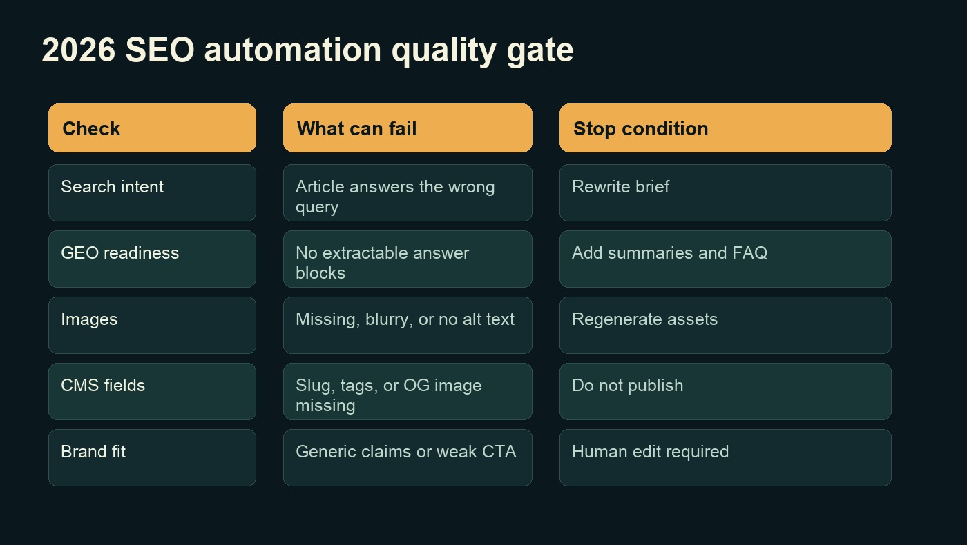 2026 SEO automation quality gate showing checks, failure modes, and stop conditions