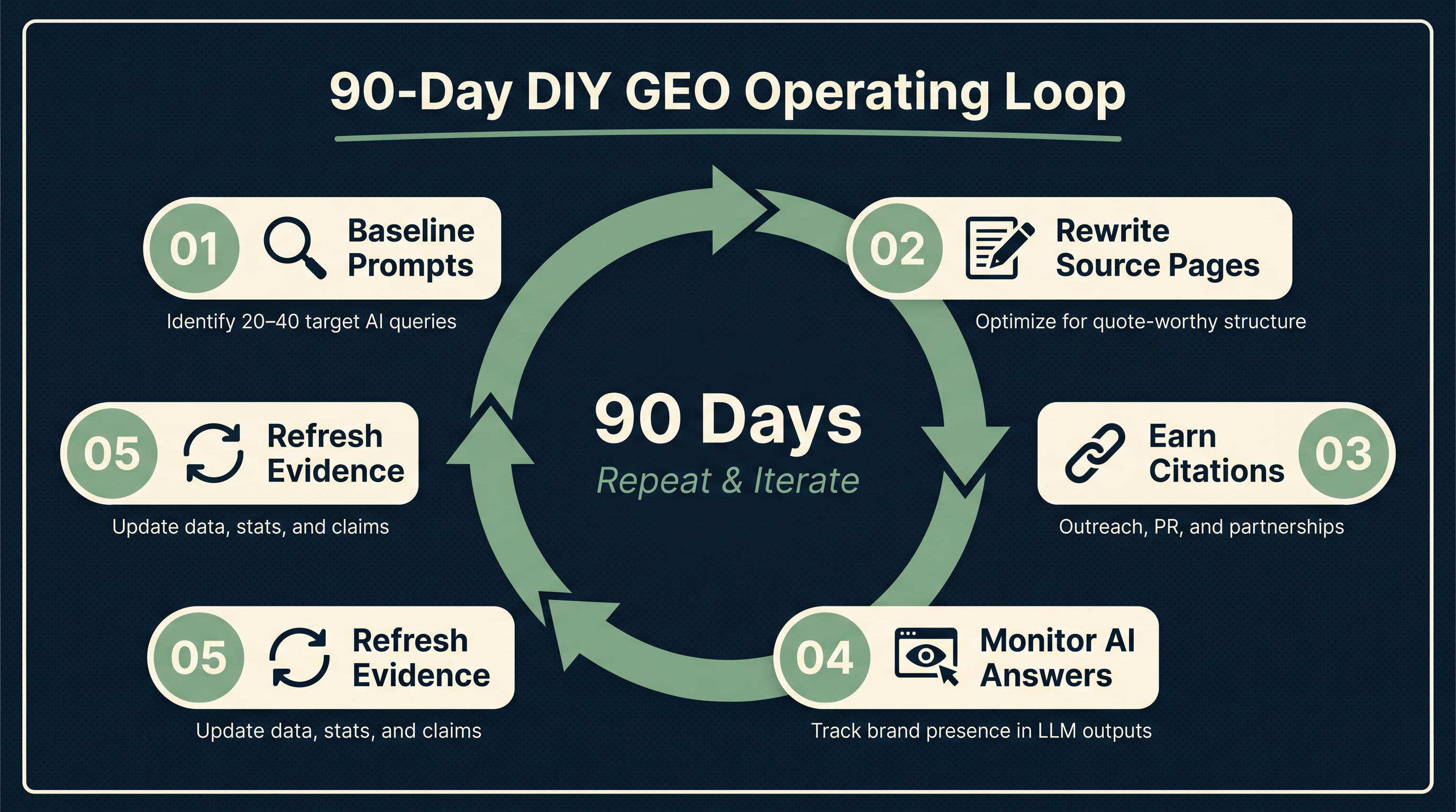 90-day DIY GEO operating loop with baseline prompts, source page rewrites, citation earning, AI answer monitoring, and evidence refreshes