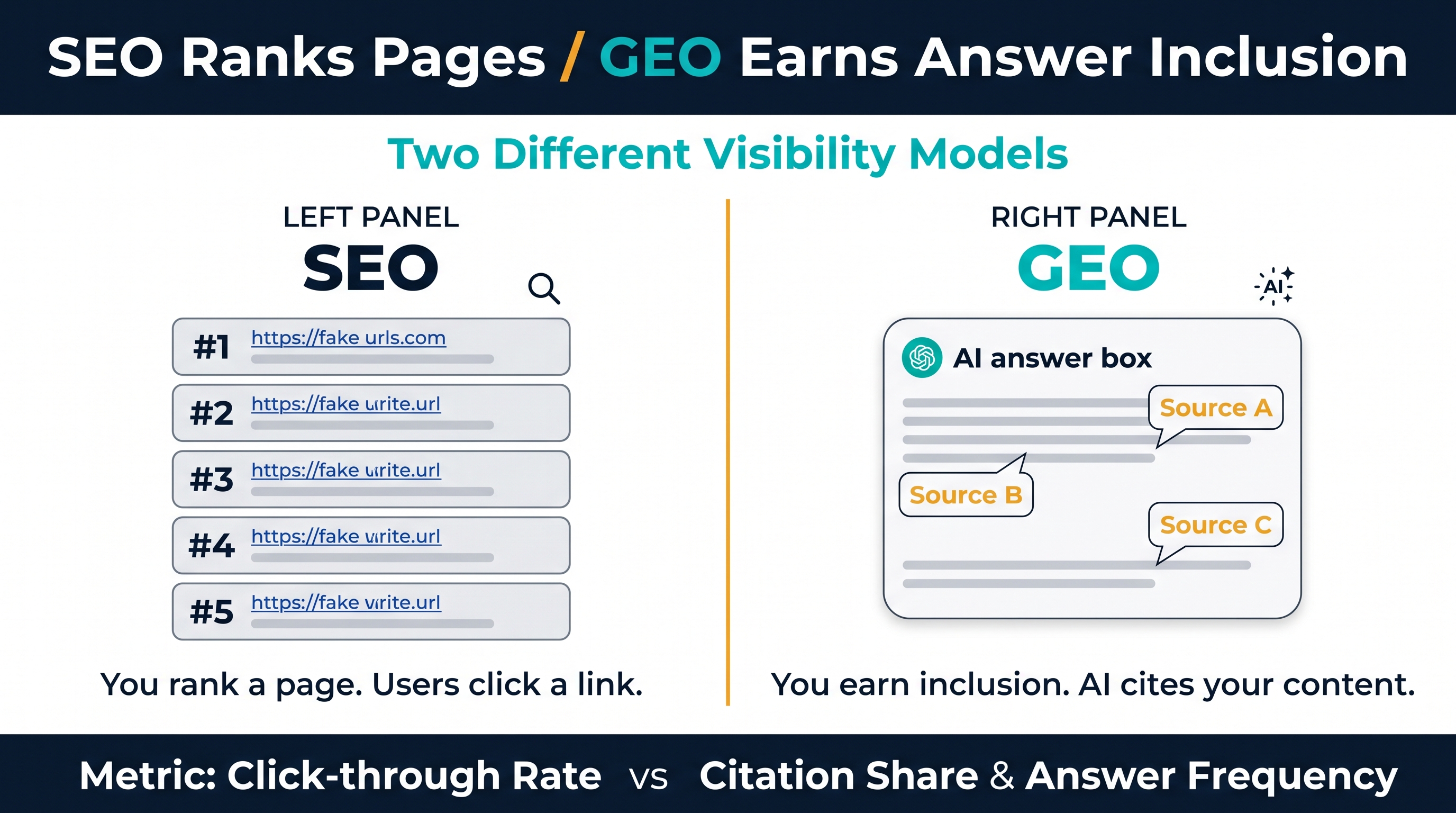 GEO vs SEO 2026 comparison map showing SEO rankings beside GEO answer citations