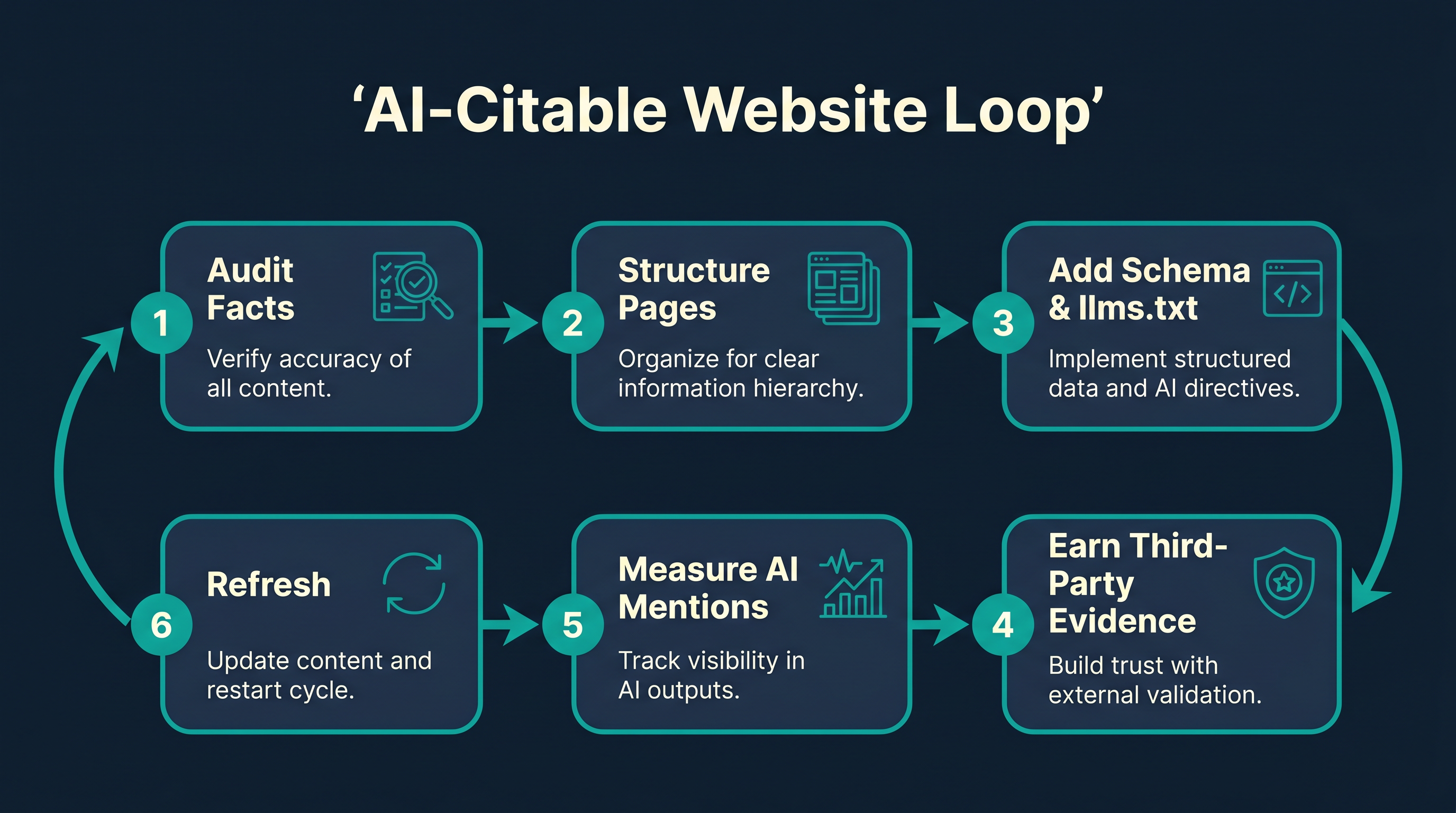 AI-citable website loop showing audit facts, structure pages, add schema and llms.txt, earn third-party evidence, measure AI mentions, and refresh