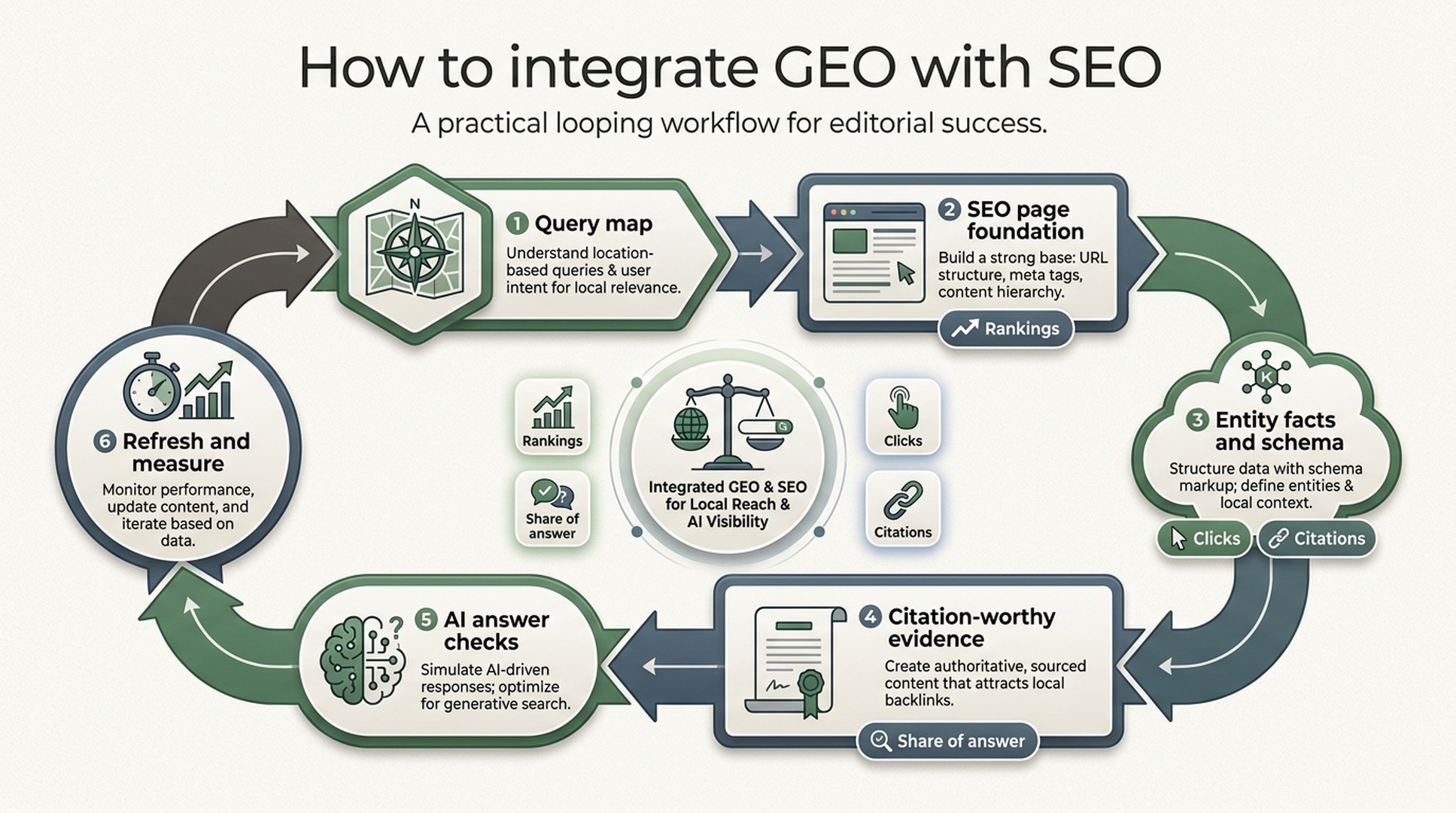 Workflow diagram showing how to integrate GEO with SEO through query maps, page foundations, entity facts, evidence, AI checks, and measurement