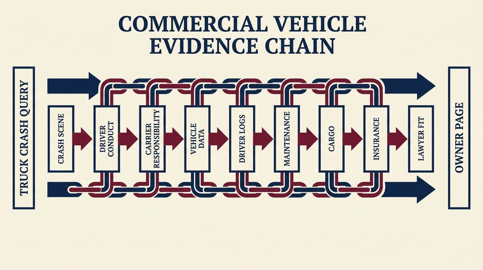 Commercial vehicle evidence chain showing truck crash query stages from crash scene to lawyer fit and owner page