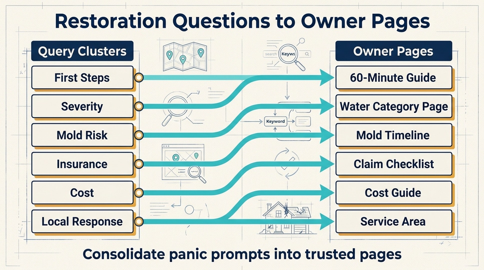 Water damage restoration query clusters mapped to 60-minute guide, water category page, mold timeline, claim checklist, cost guide, and service area pages