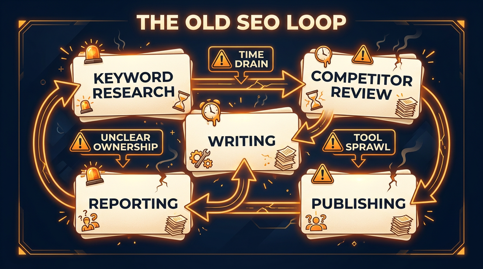 Diagram showing the overloaded manual SEO loop across keyword research, competitor review, writing, publishing, and reporting