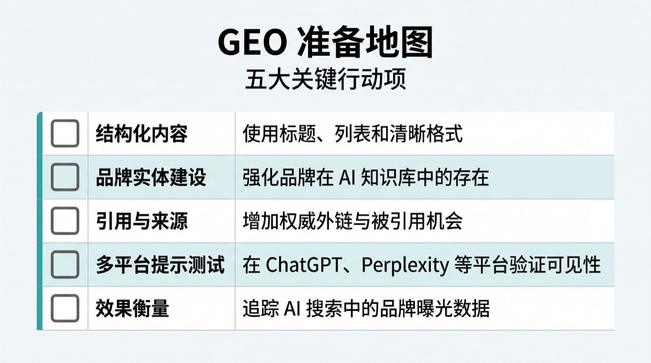 GEO 准备度矩阵，包含结构化内容、品牌实体、引用信号、跨平台问题和衡量