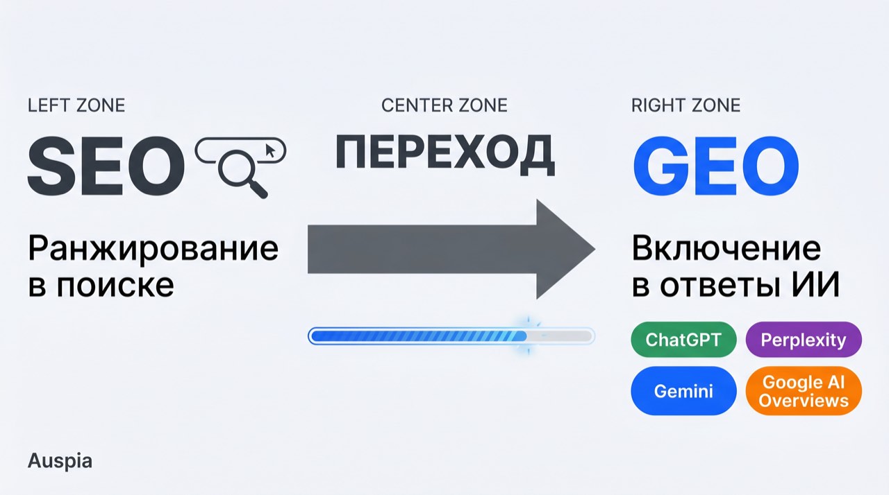 Диаграмма, показывающая переход от SEO-позиций к включению GEO в AI-системы ответов