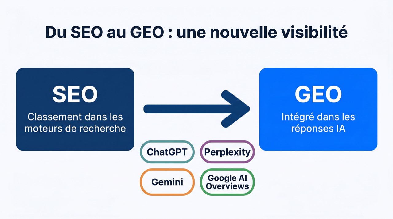Schéma montrant le passage des classements SEO à l’inclusion GEO dans les systèmes de réponses AI