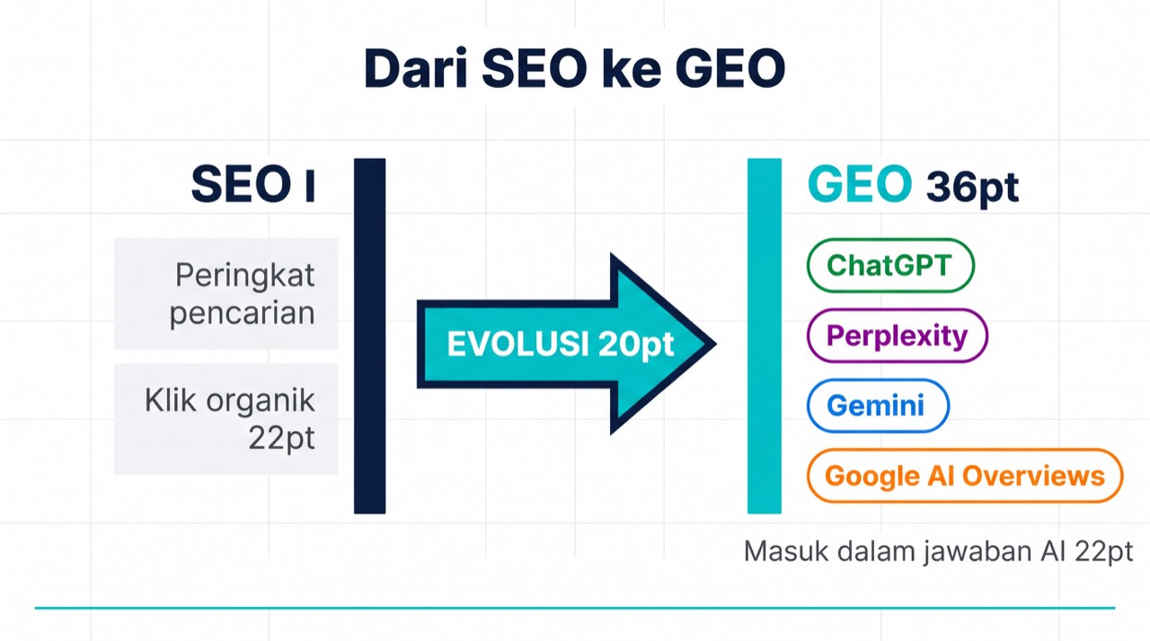 Diagram yang menunjukkan pergeseran dari peringkat SEO ke penyertaan GEO dalam sistem jawaban AI