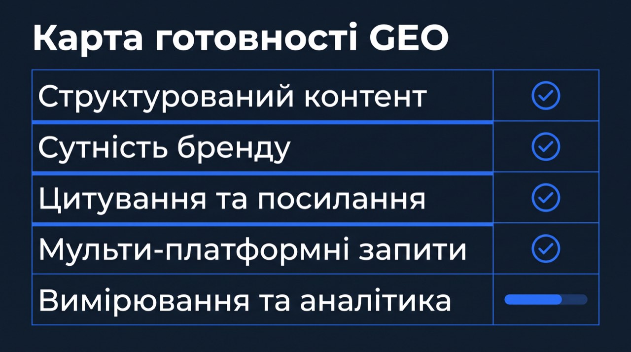 Матриця готовності до GEO, що показує структурований контент, ясність сутності бренду, сигнали цитування, перевірки запитів і вимірювання