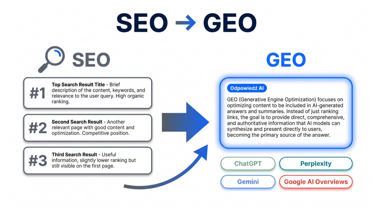 Diagram pokazujący przejście od rankingów SEO do uwzględniania GEO w systemach odpowiedzi AI