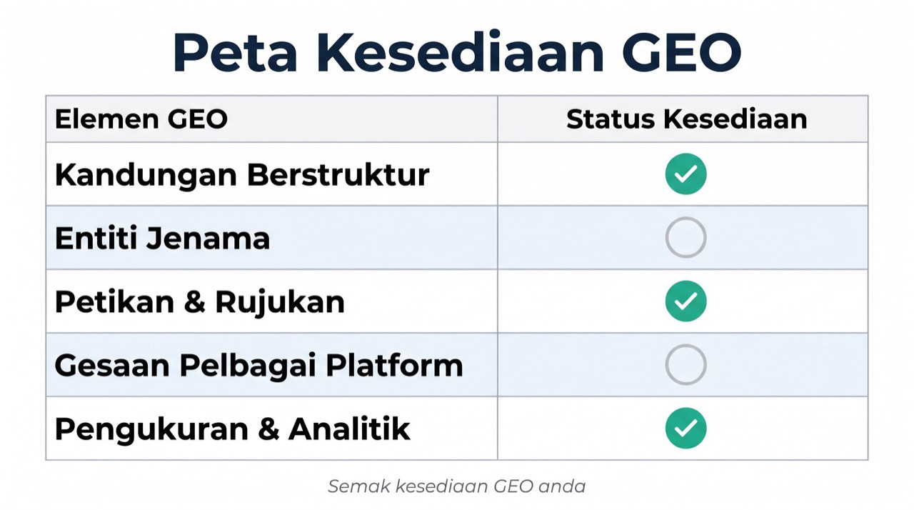 Matriks kesediaan GEO yang menunjukkan kandungan berstruktur, kejelasan entiti jenama, isyarat petikan, semakan prompt, dan pengukuran