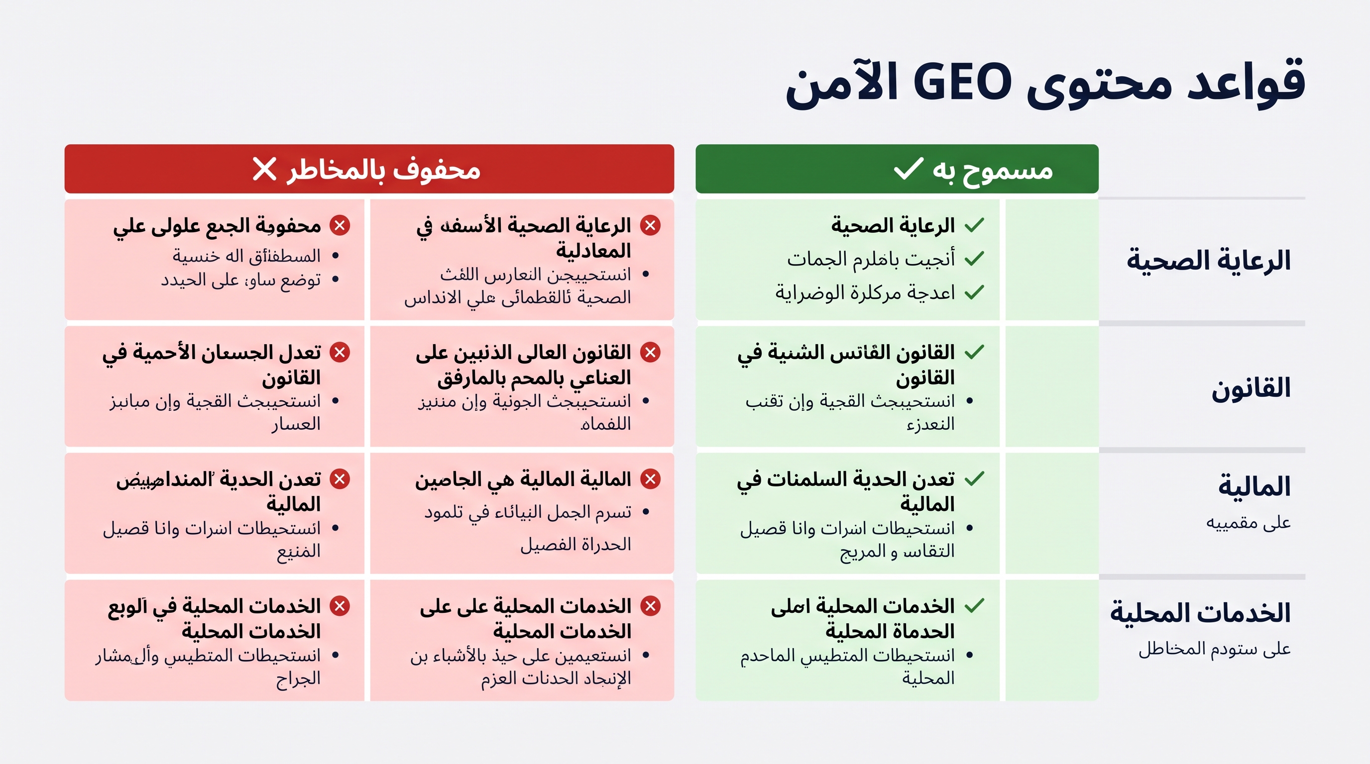 قواعد محتوى GEO الآمن للعلامات الخدمية المحلية