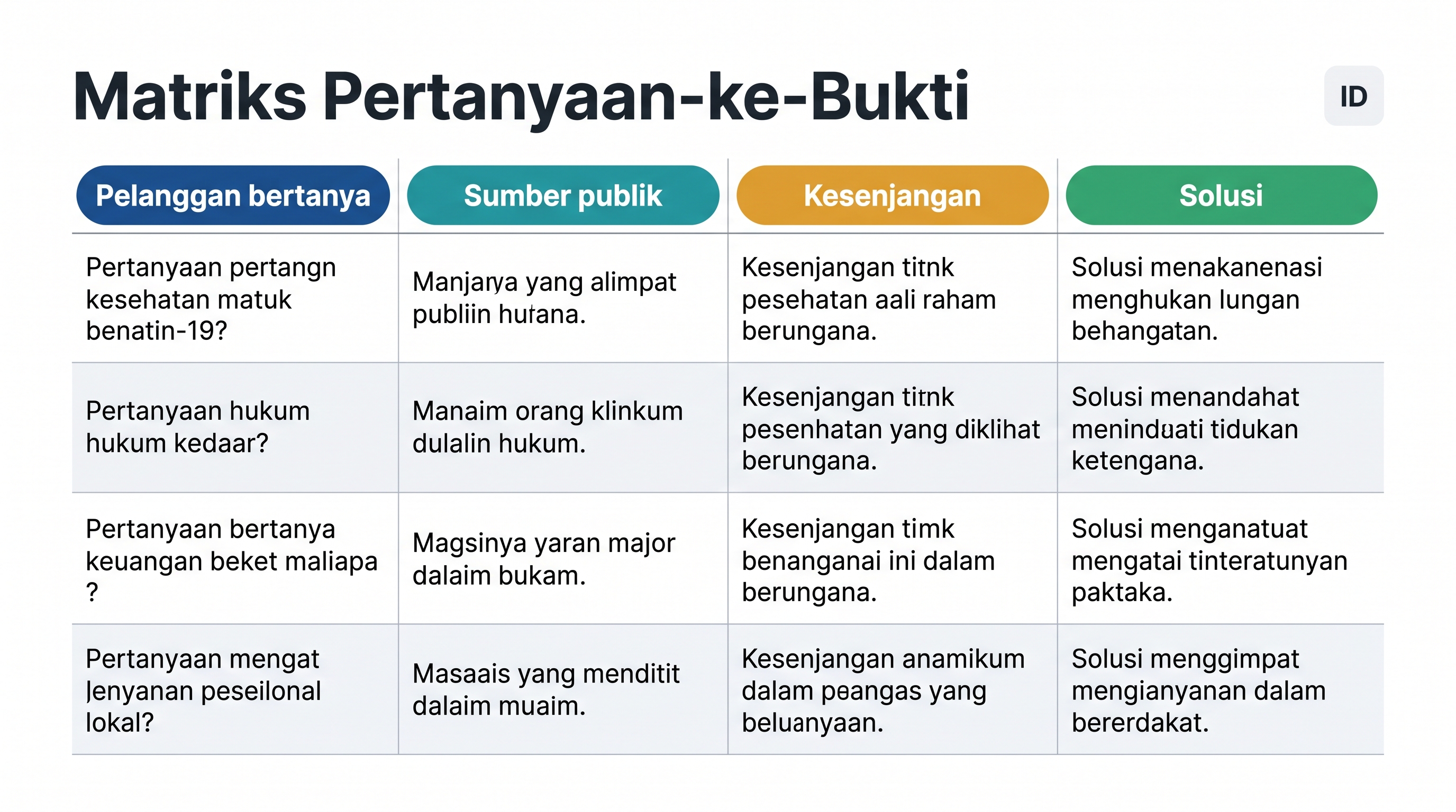 Matriks pertanyaan dan bukti untuk audit GEO pertama