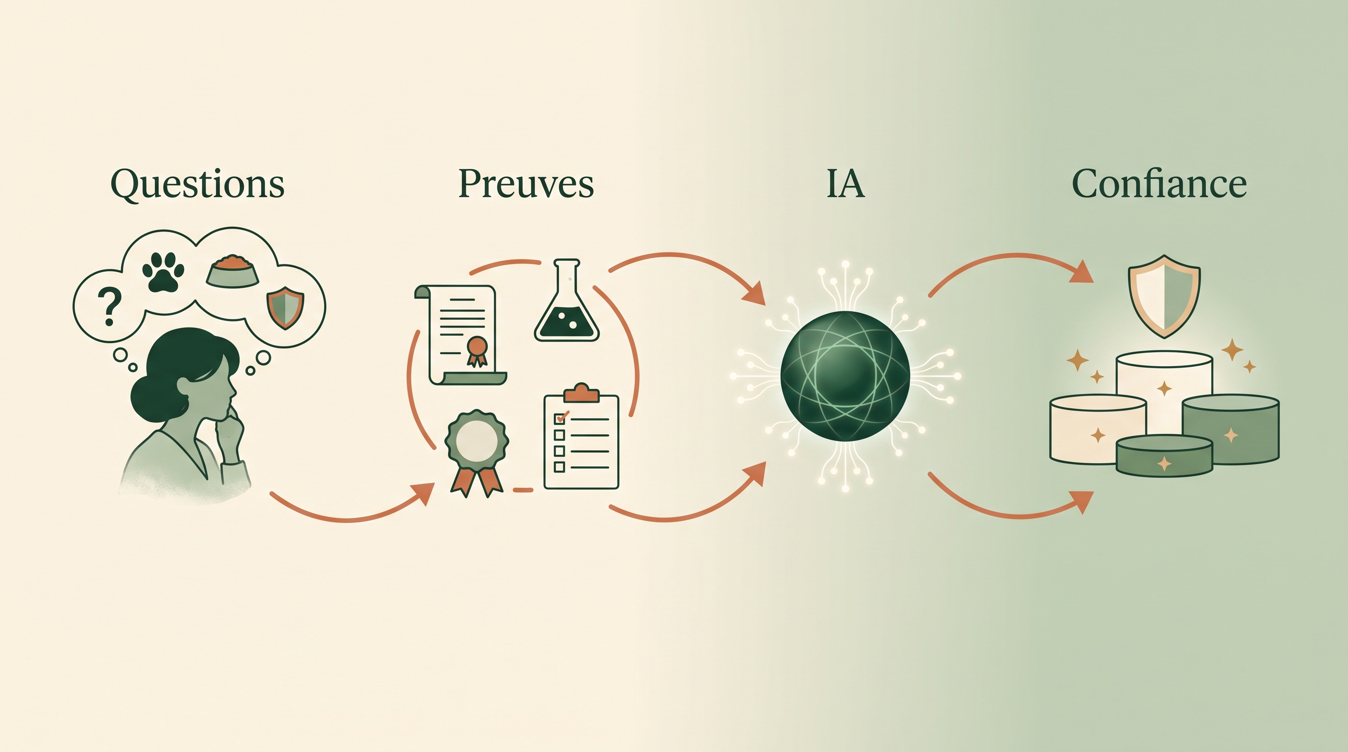 Diagramme de flux montrant des prompts anxieux de propriétaires d'animaux qui deviennent des actifs de preuve, des réponses IA et des shortlists de marques de confiance