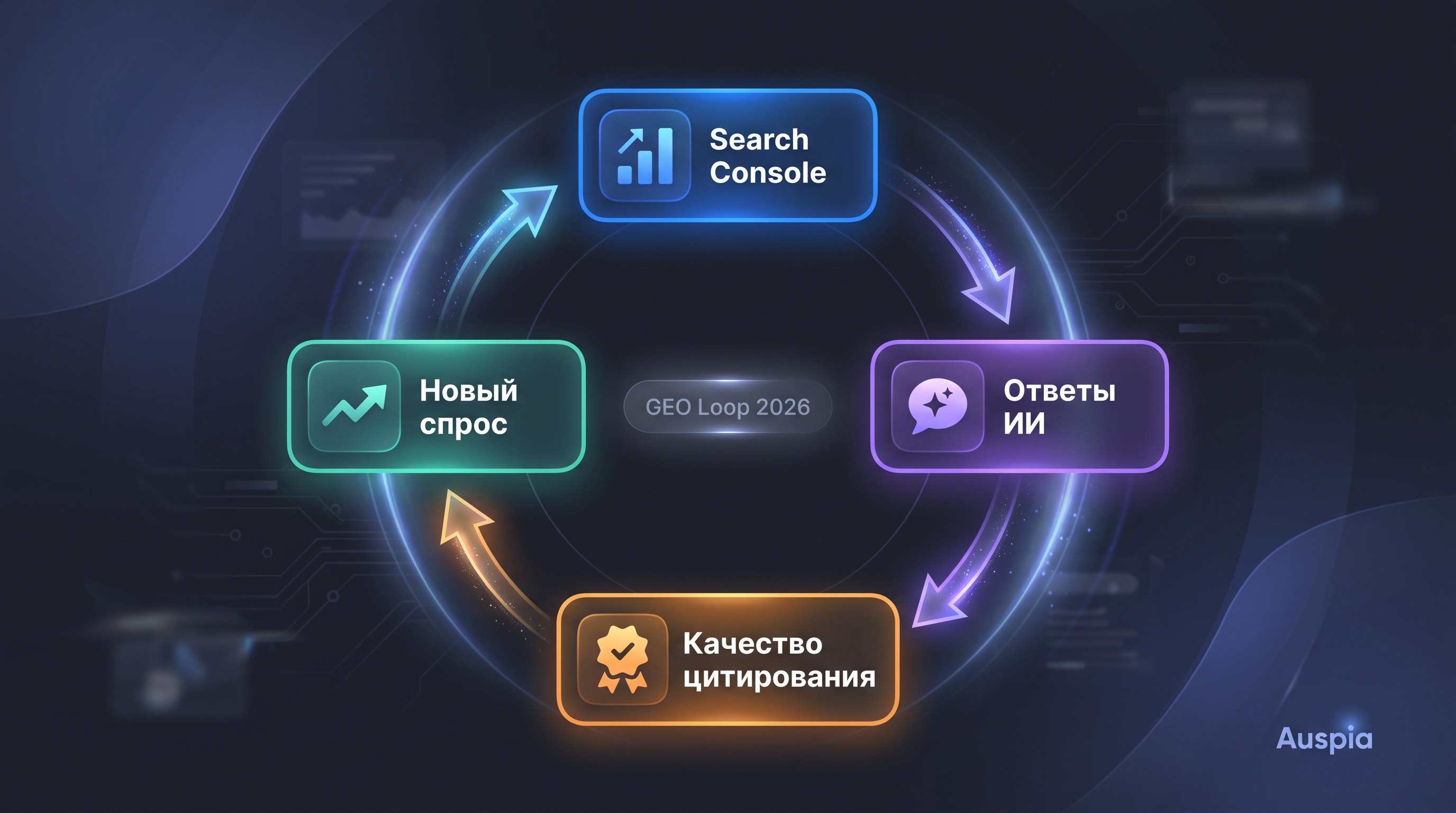 Панель цикл проверки для GEO с impressions из Search Console, упоминаниями на AI-платформах, качеством цитирования и следующими вопросами для контента