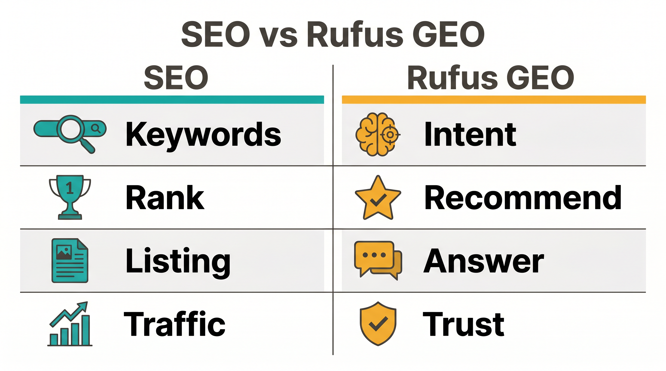 Comparison matrix showing the difference between keyword SEO and Rufus-era GEO for Amazon product pages.