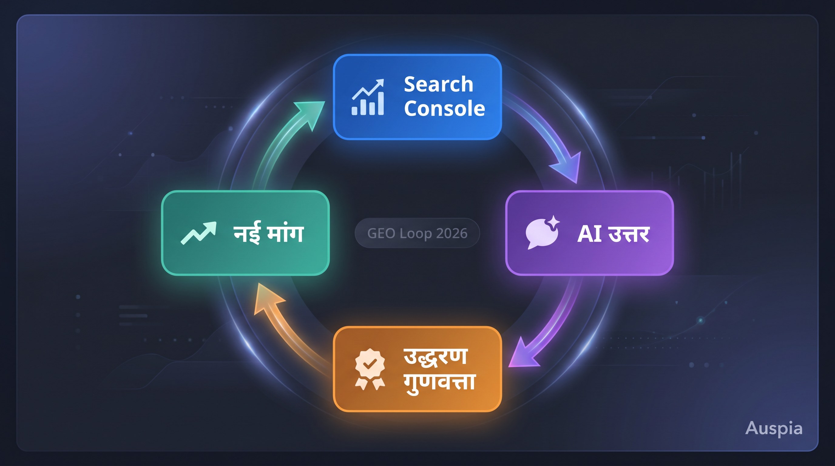 GEO समीक्षा loop dashboard जिसमें Search Console impressions, AI platform उल्लेखs, citation quality और next content questions दिखते हैं