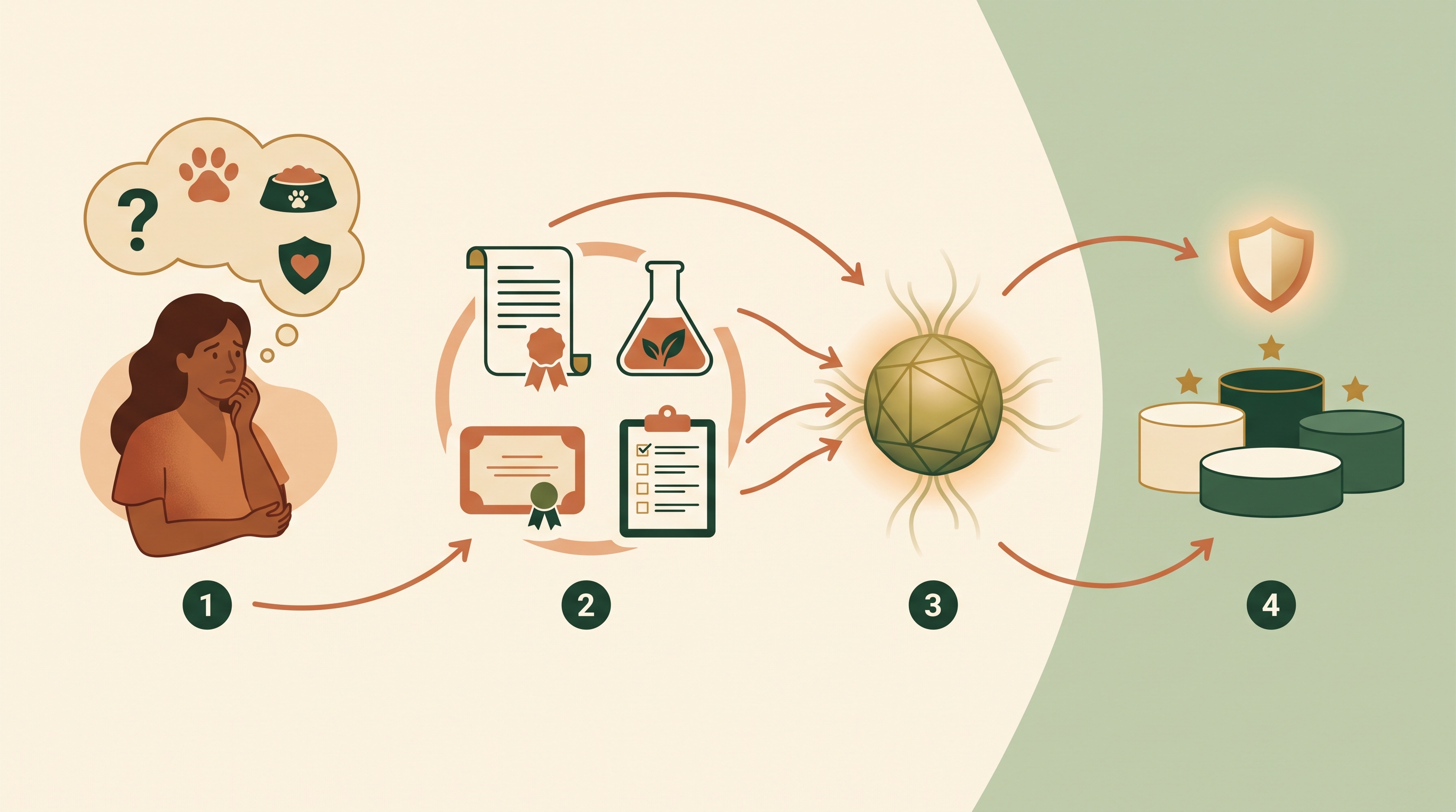 Diagrama de fluxo mostrando prompts ansiosos de tutores se transformando em ativos de evidência, respostas de IA e listas curtas de marcas confiáveis