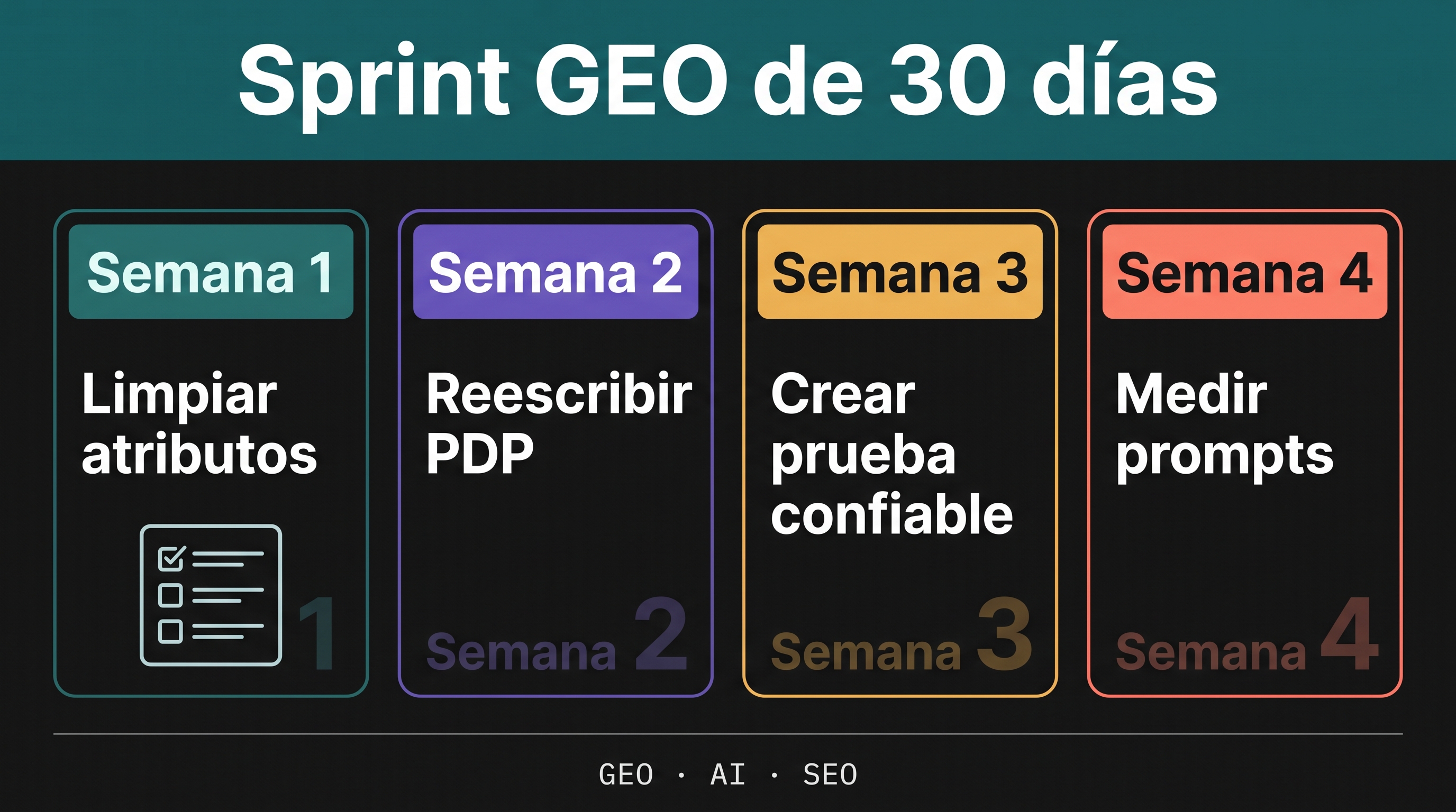 Checklist de sprint GEO de 30 días con cuatro semanas: limpiar atributos, reescribir PDP, crear prueba confiable y medir prompts