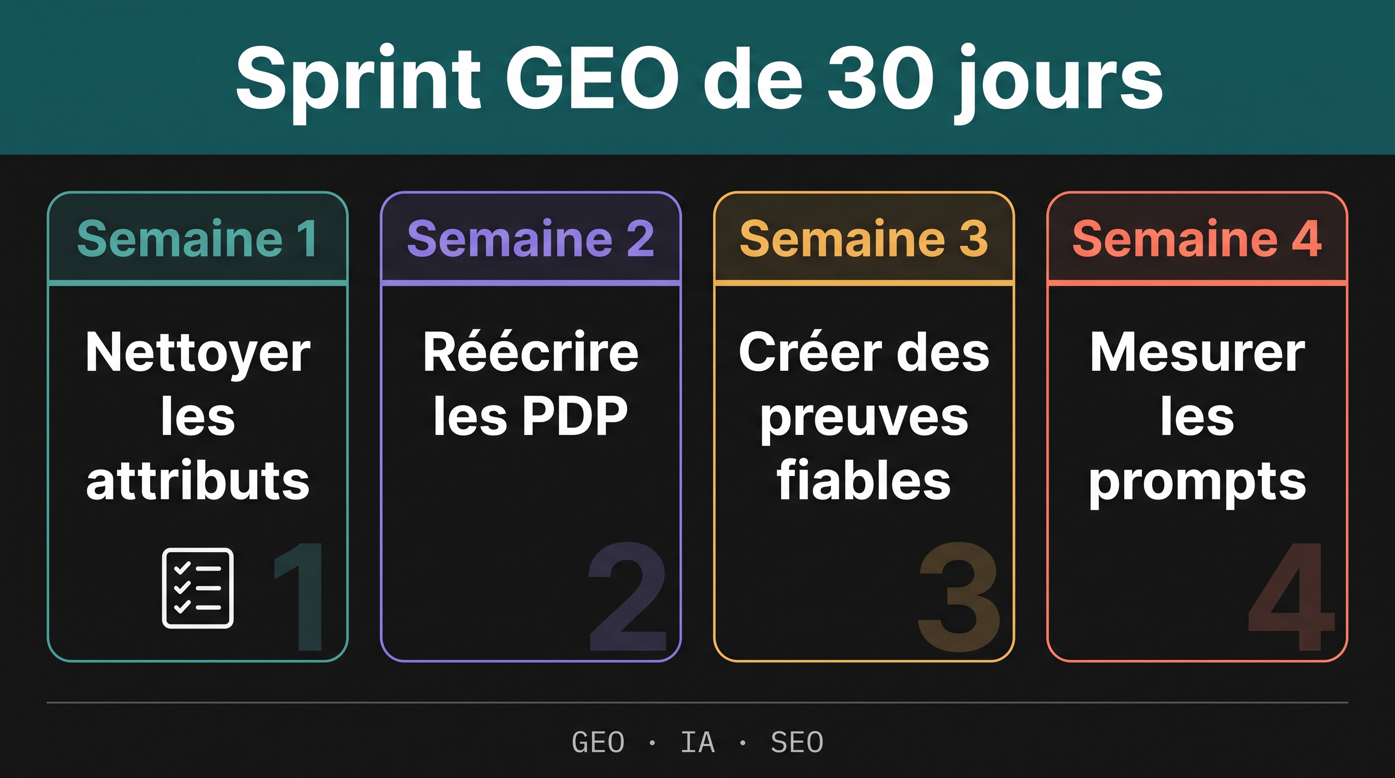 Checklist sprint GEO 30 jours avec quatre semaines : nettoyer les attributs, réécrire les PDP autour des questions, amorcer des preuves fiables et mesurer les prompts