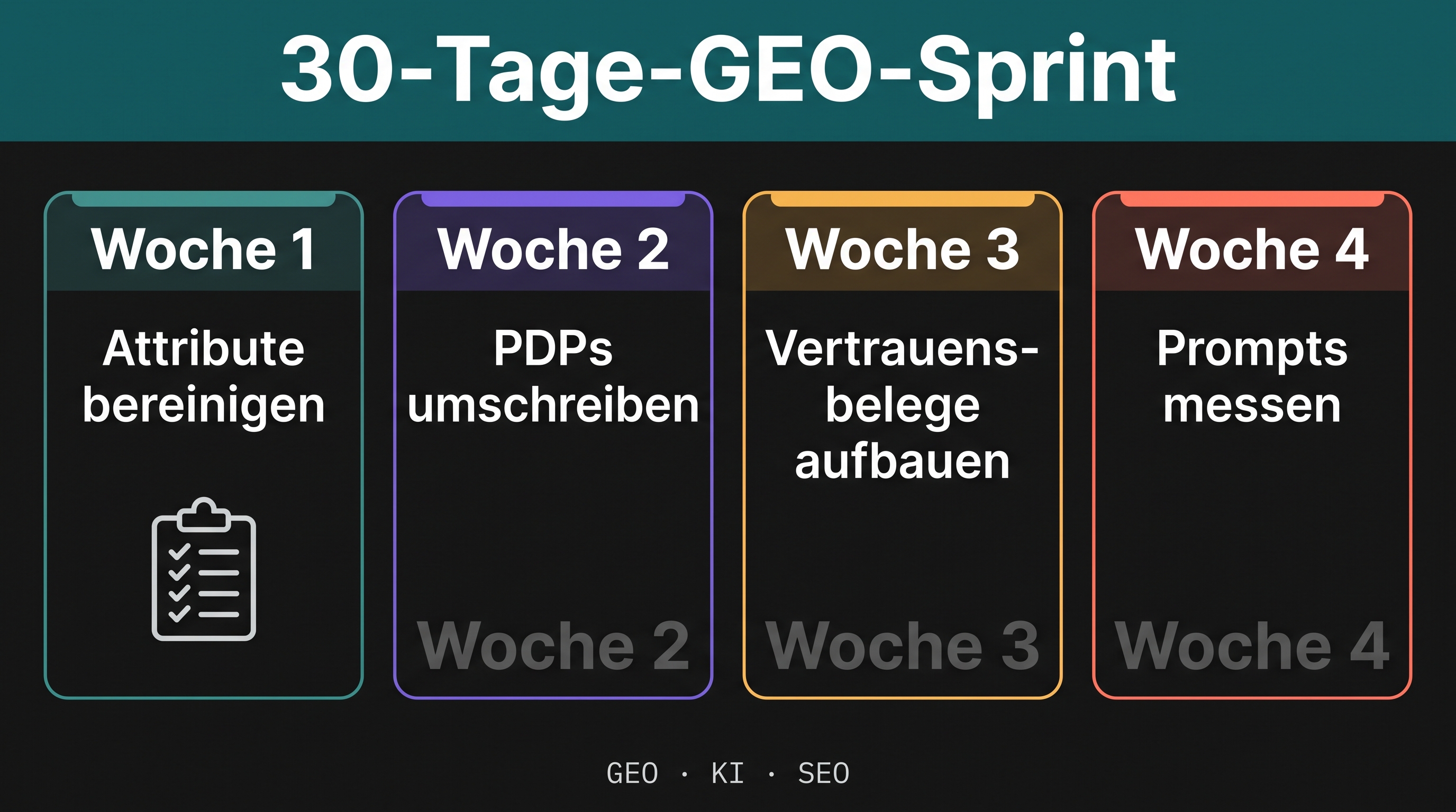 30-Tage-GEO-Sprint-Checkliste mit vier Wochen: Attribute bereinigen, PDPs für Fragen umschreiben, vertrauenswürdige Nachweise aufbauen und Prompts messen