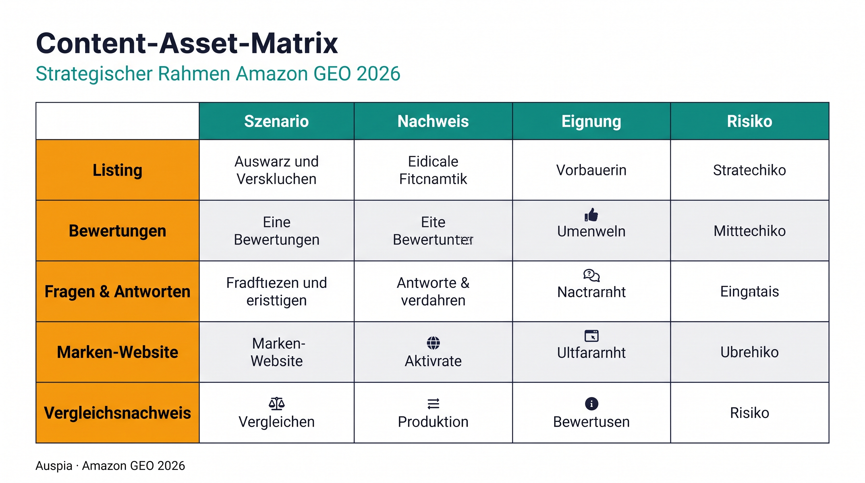 Amazon-GEO-Content-Matrix, die Listing-Text, Rezensionen, Q&A, Marken-Entity-Seiten und Vergleichsbelege den Käuferfragen zuordnet, die jedes Asset beantworten sollte.