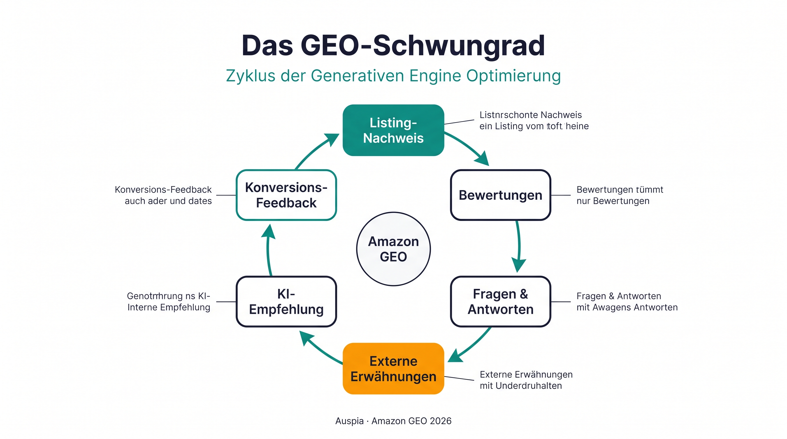 Amazon-GEO-Flywheel mit Listing-Belegen, Rezensionen, Q&A, externen Web-Erwähnungen, KI-Empfehlung, Conversion-Feedback und stärkeren künftigen Empfehlungen.