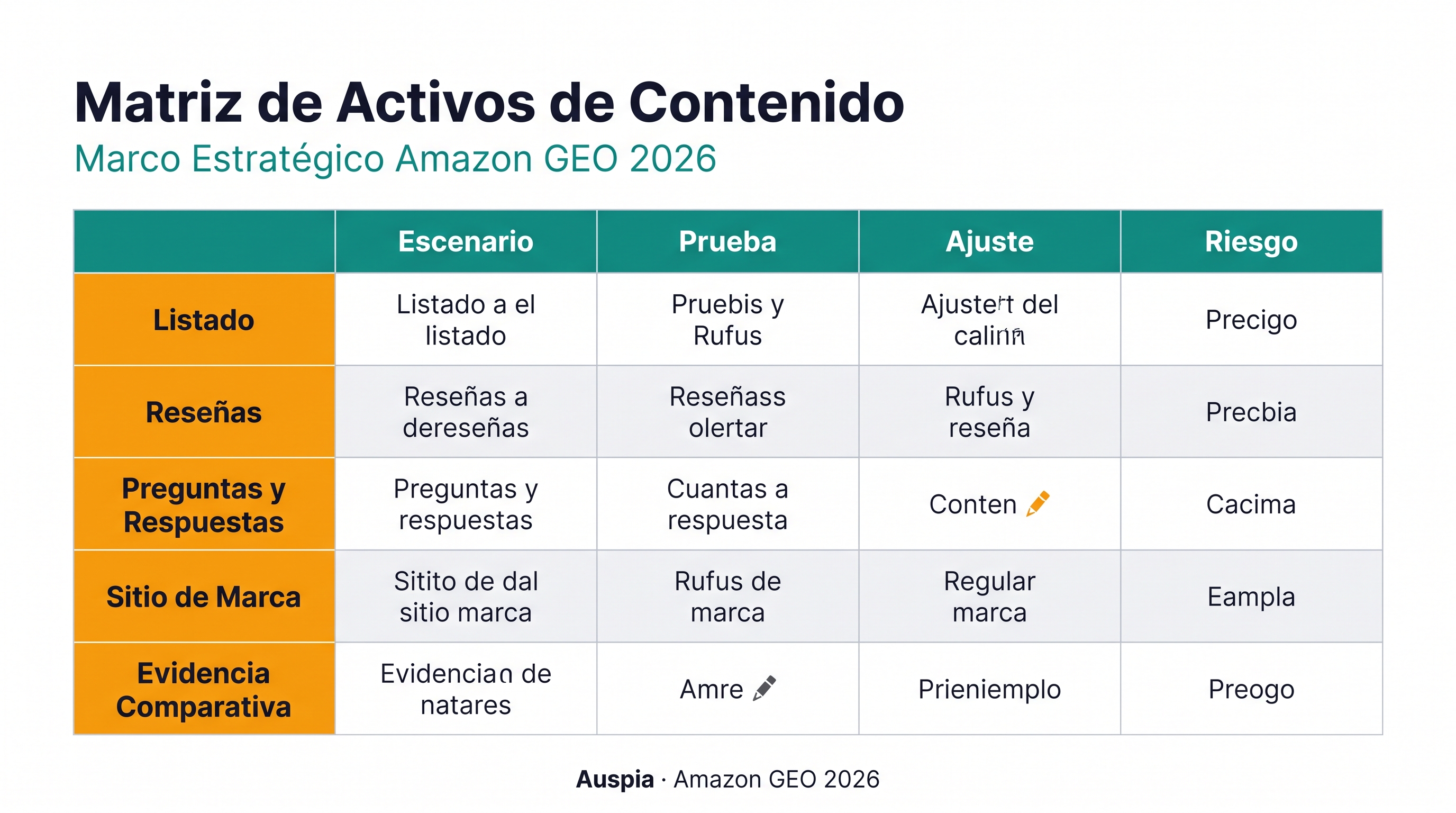 Matriz de contenido para Amazon GEO que conecta listing, reseñas, P&R, sitio de marca y evidencia comparativa con preguntas de escenario, prueba, ajuste y riesgo.