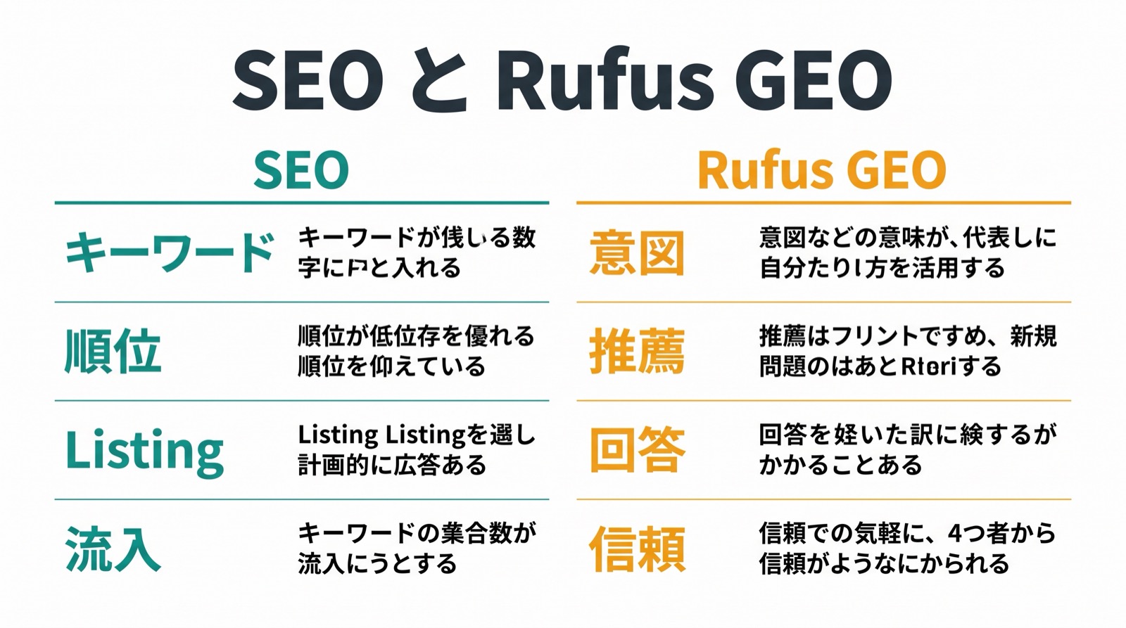 Amazon商品ページにおけるキーワードSEOとRufus時代GEOの違いを示す比較マトリクス。