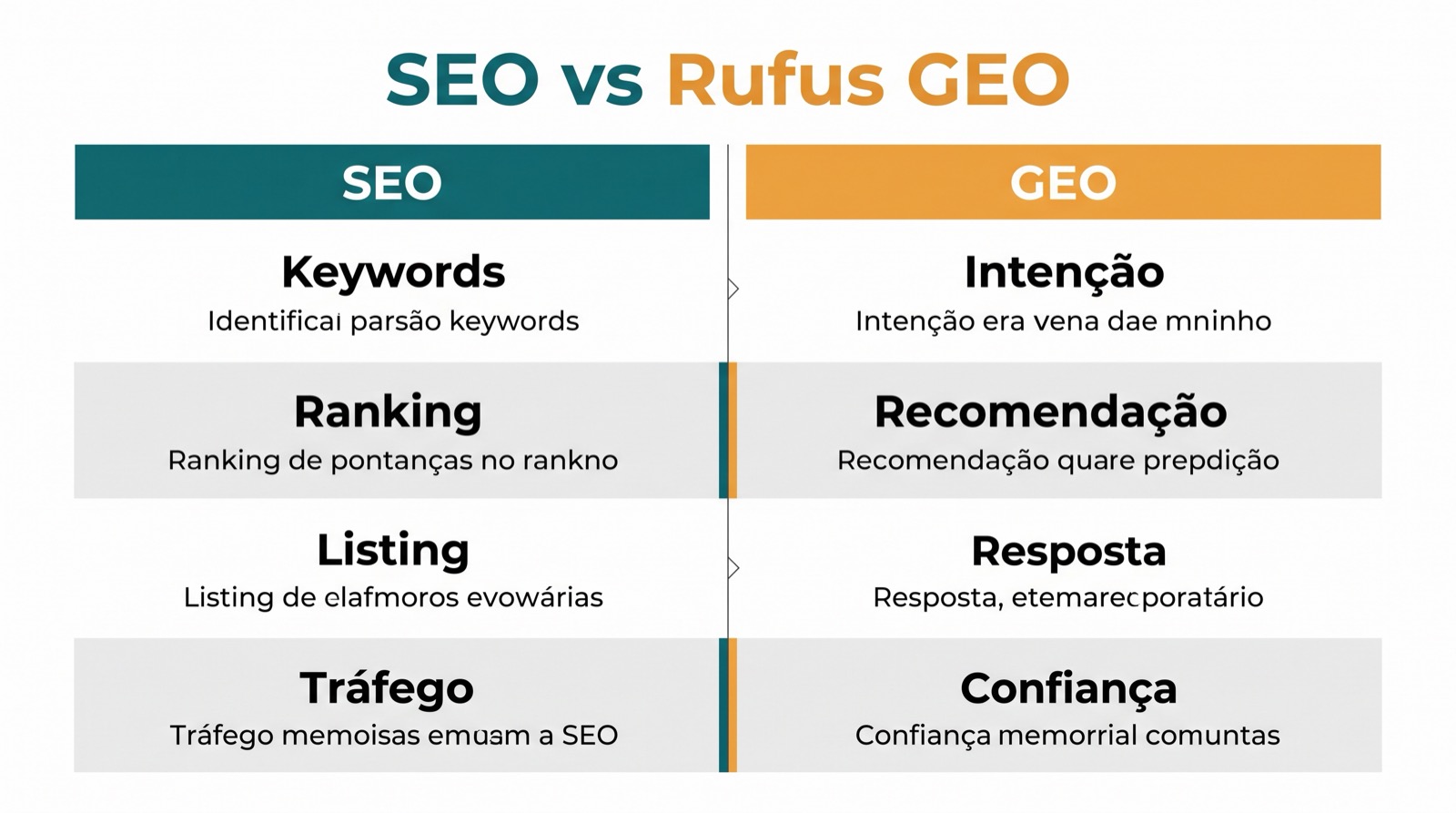 Matriz comparativa que mostra a diferença entre keyword SEO e GEO na era do Rufus para páginas de produto da Amazon.