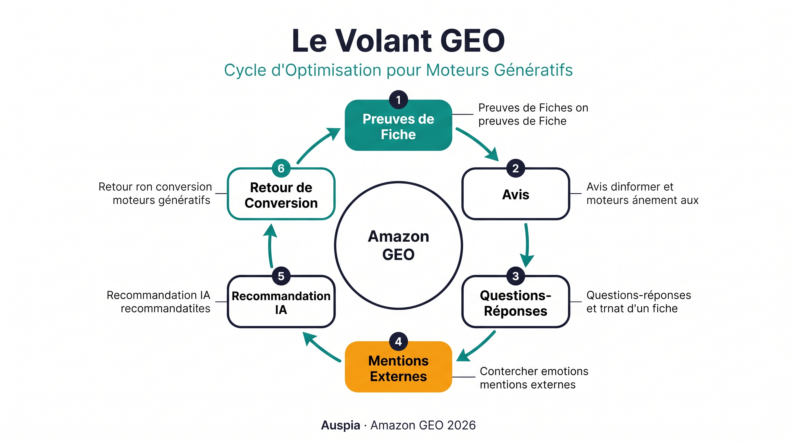 Flywheel Amazon GEO montrant les preuves du listing, les avis, les questions-réponses, les mentions externes, la recommandation IA, le retour de conversion et des recommandations futures plus fortes.