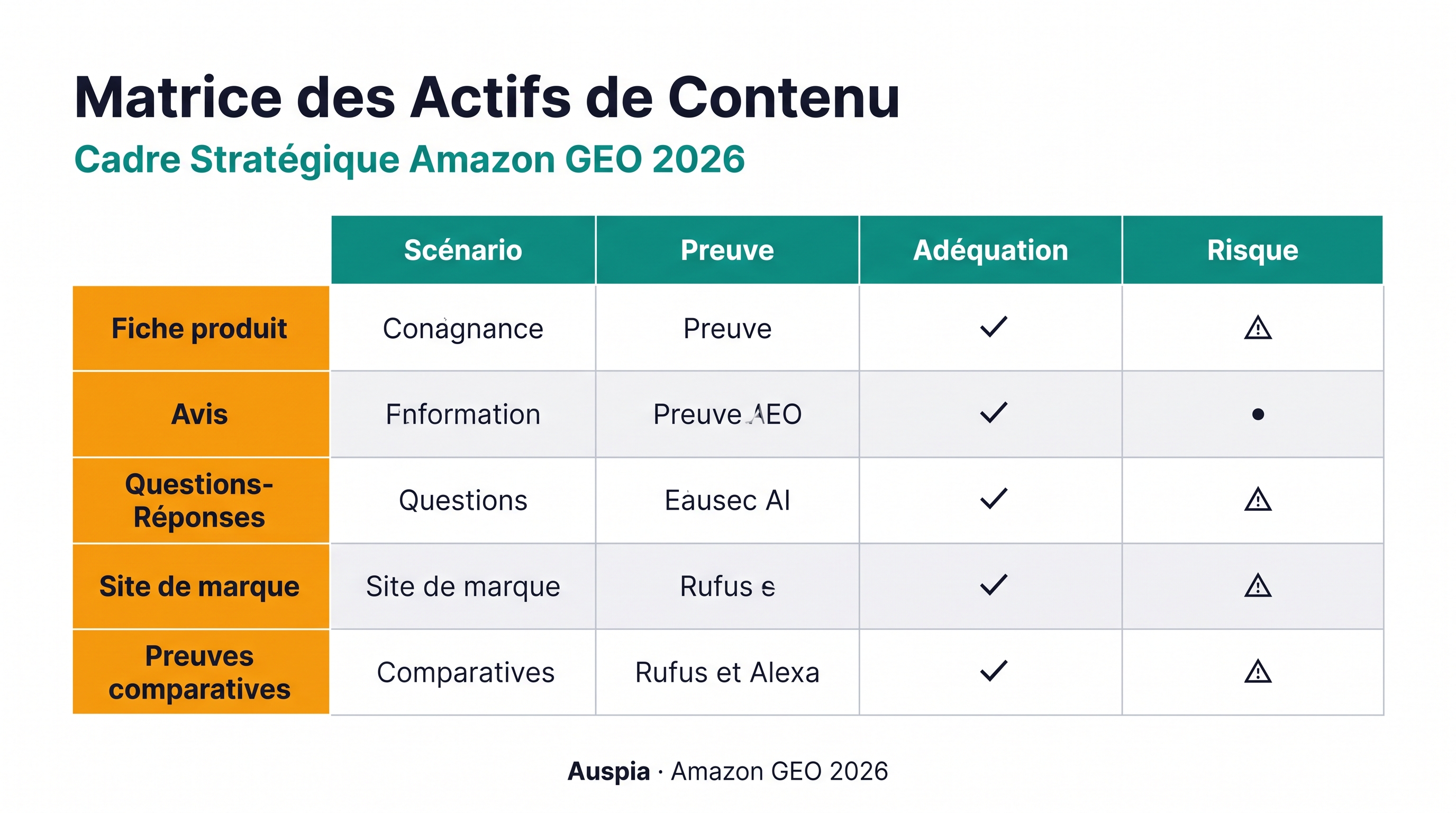 Matrice de contenu Amazon GEO reliant texte de listing, avis, Q&A, pages d'entité de marque et preuves de comparaison aux questions acheteurs que chaque actif doit couvrir.