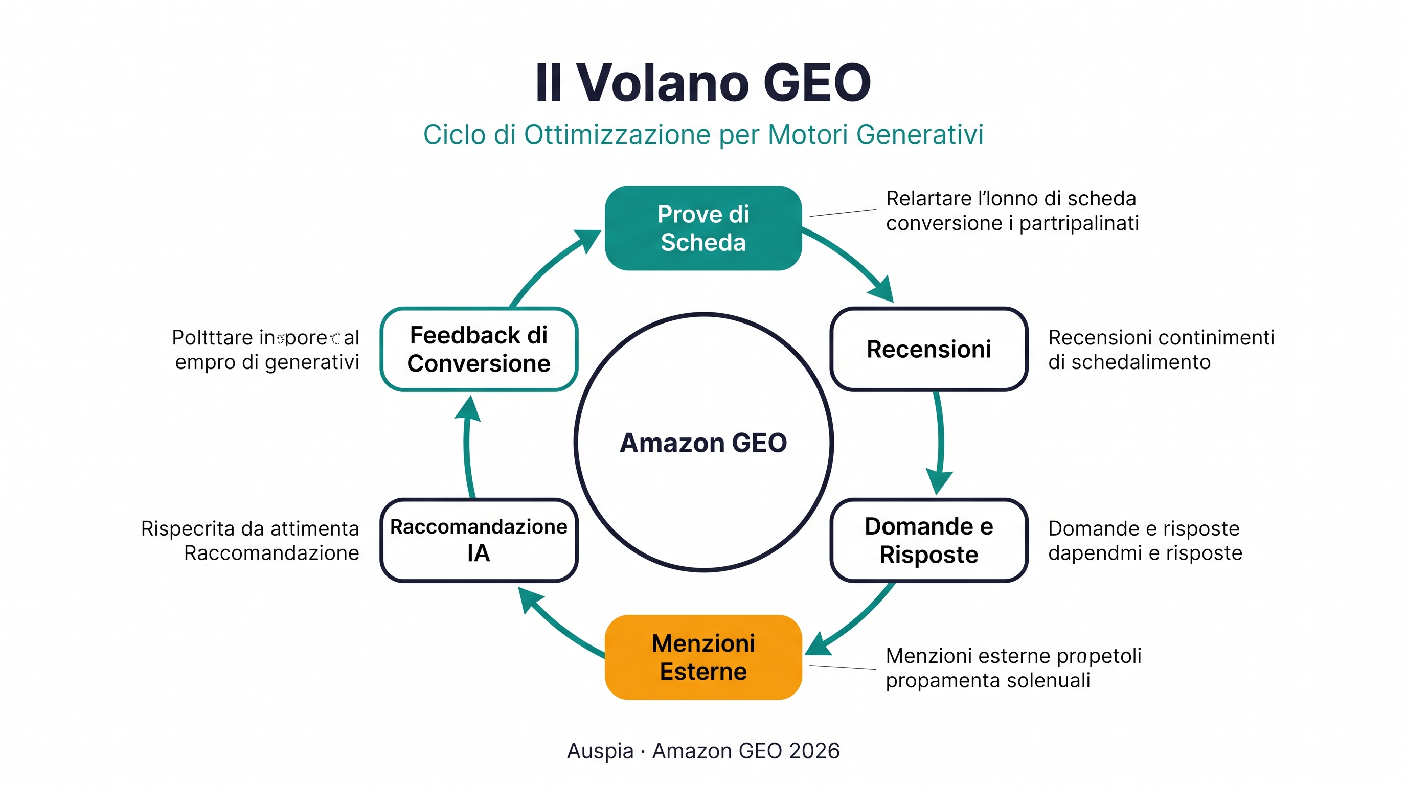 Flywheel Amazon GEO con prove del listing, recensioni, Q&A, menzioni web esterne, raccomandazione IA, feedback di conversione e raccomandazioni future più forti.
