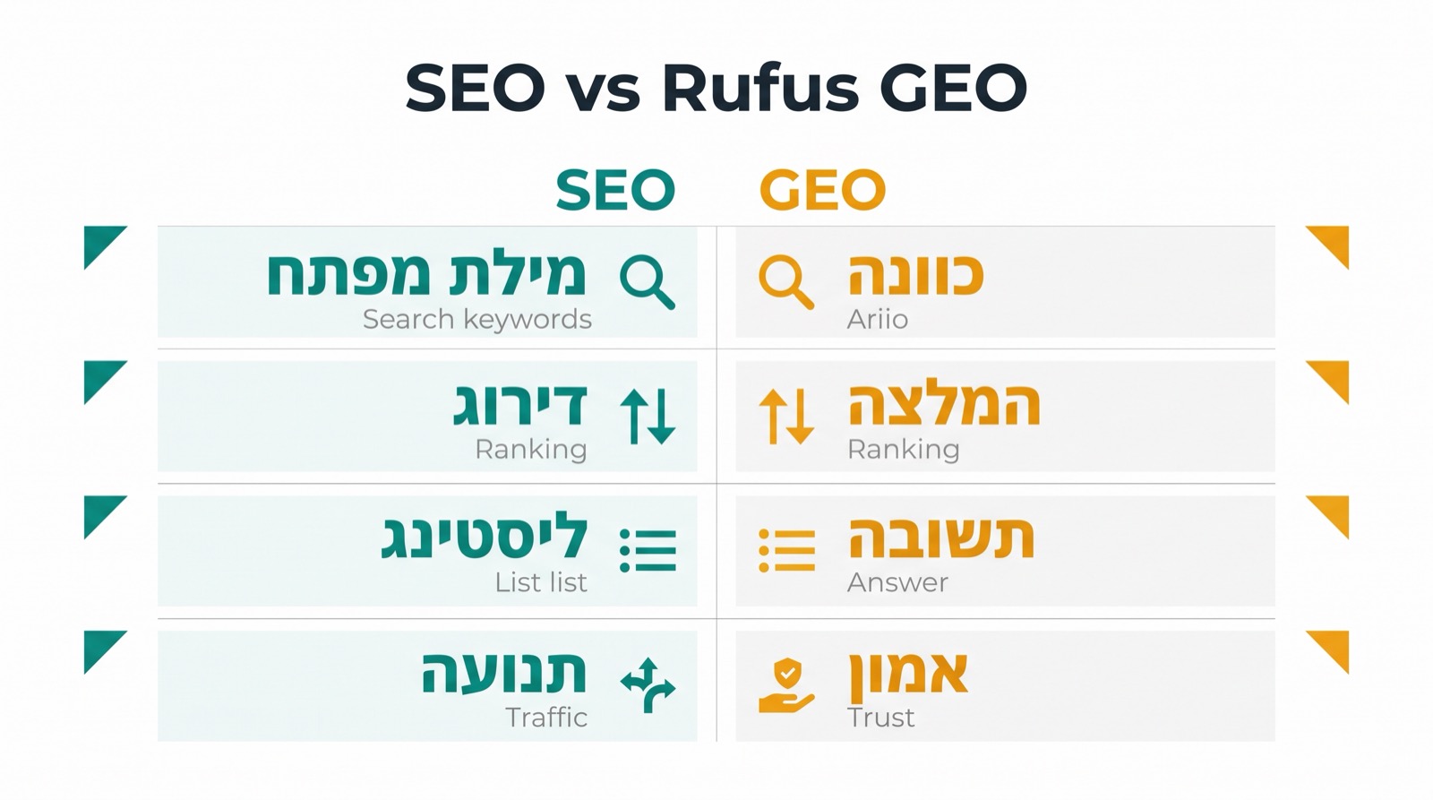 מטריצת השוואה המציגה את ההבדל בין keyword SEO לבין GEO בעידן Rufus עבור דפי מוצר ב-Amazon.