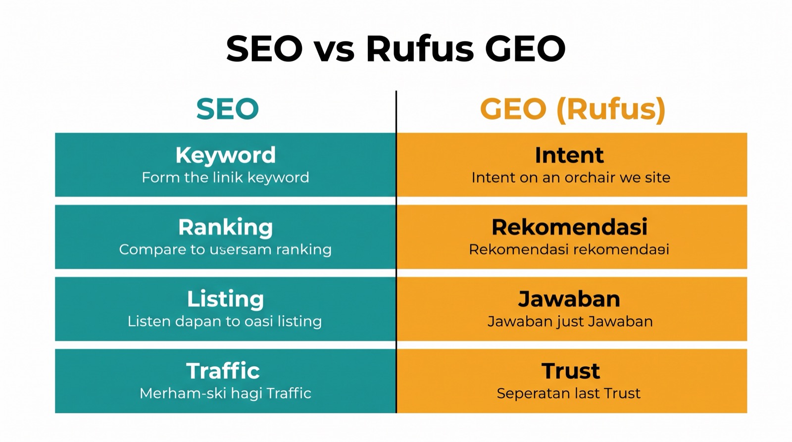 Matriks perbandingan yang menunjukkan perbedaan antara keyword SEO dan GEO era Rufus untuk halaman produk Amazon.