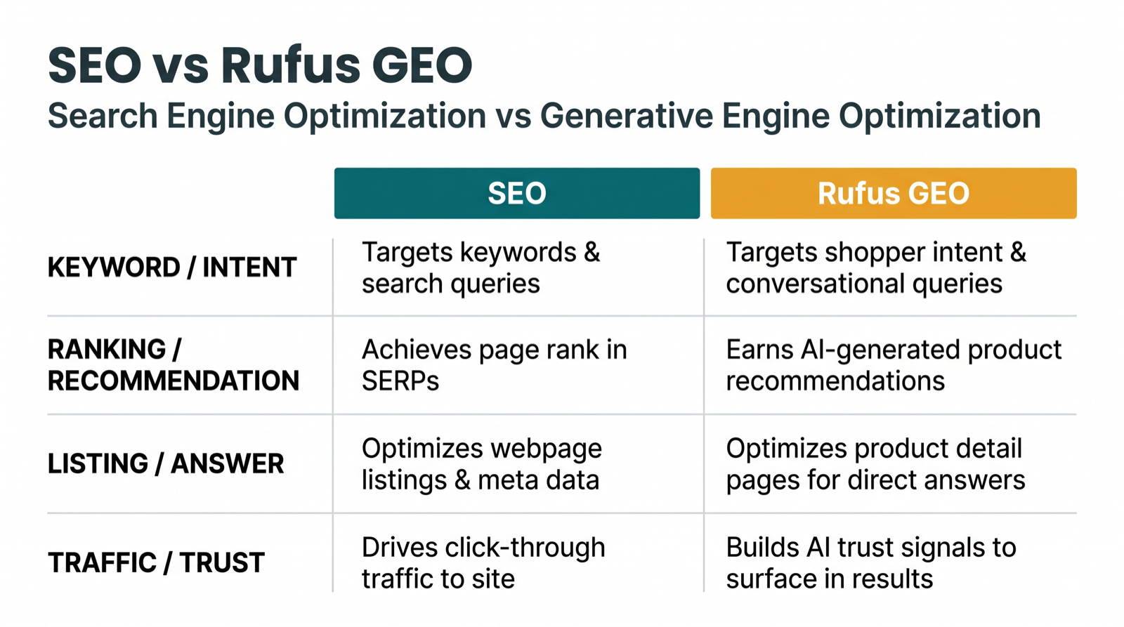 Amazon product pages के लिए keyword SEO और Rufus-era GEO के बीच अंतर दिखाने वाली तुलना matrix.