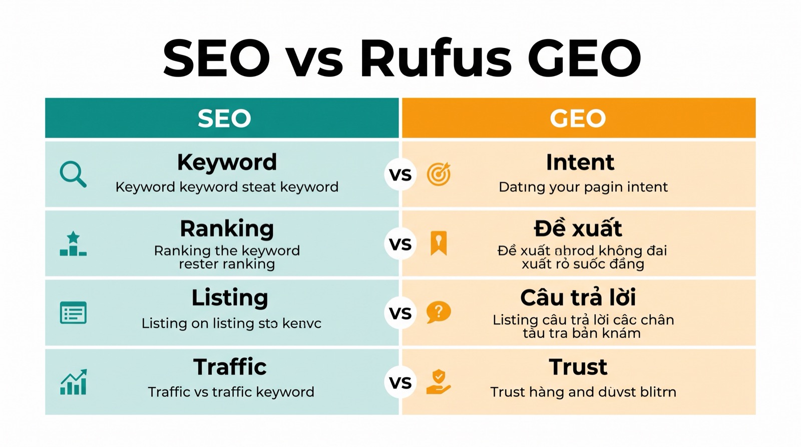 Ma trận so sánh cho thấy khác biệt giữa keyword SEO và GEO thời Rufus cho trang sản phẩm Amazon.