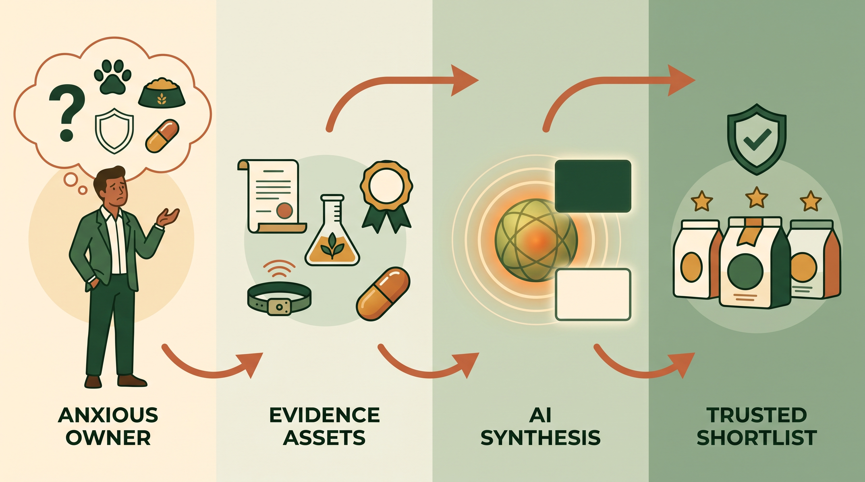Flow diagram showing anxious pet owner prompts becoming evidence assets, AI answers, and trusted brand shortlists