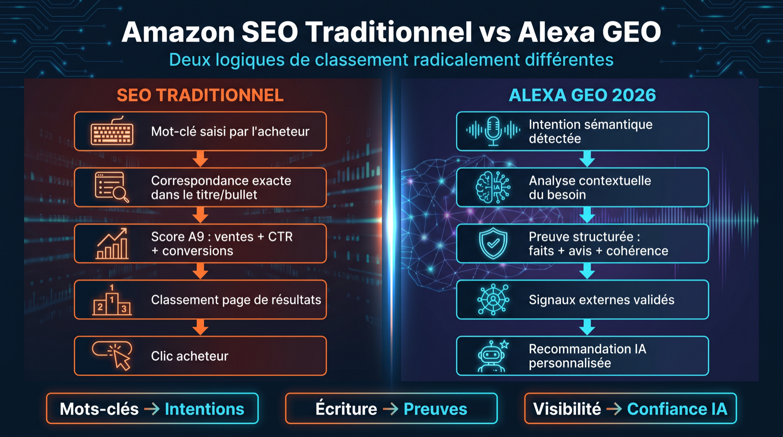 Diagramme comparant le marketplace SEO traditionnel et Alexa GEO