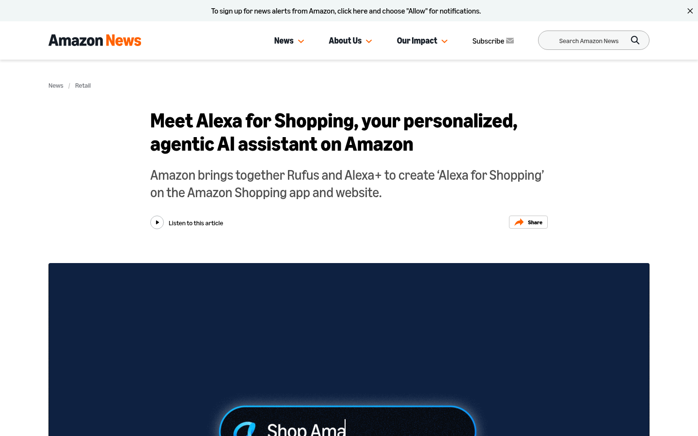 Public Amazon News hero screenshot for Alexa for Shopping showing the article title and assistant interface imagery