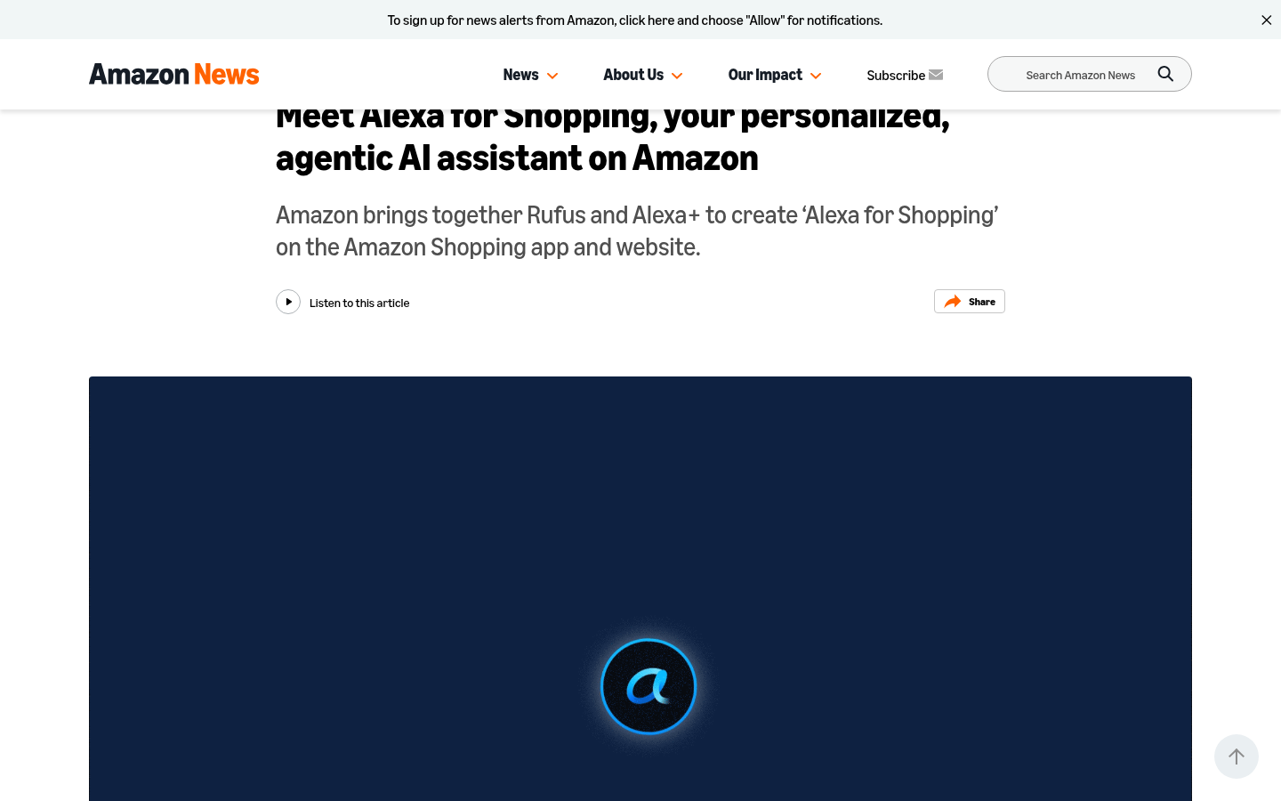 Screenshot of Amazon News article about Alexa for Shopping showing the article title and hero area