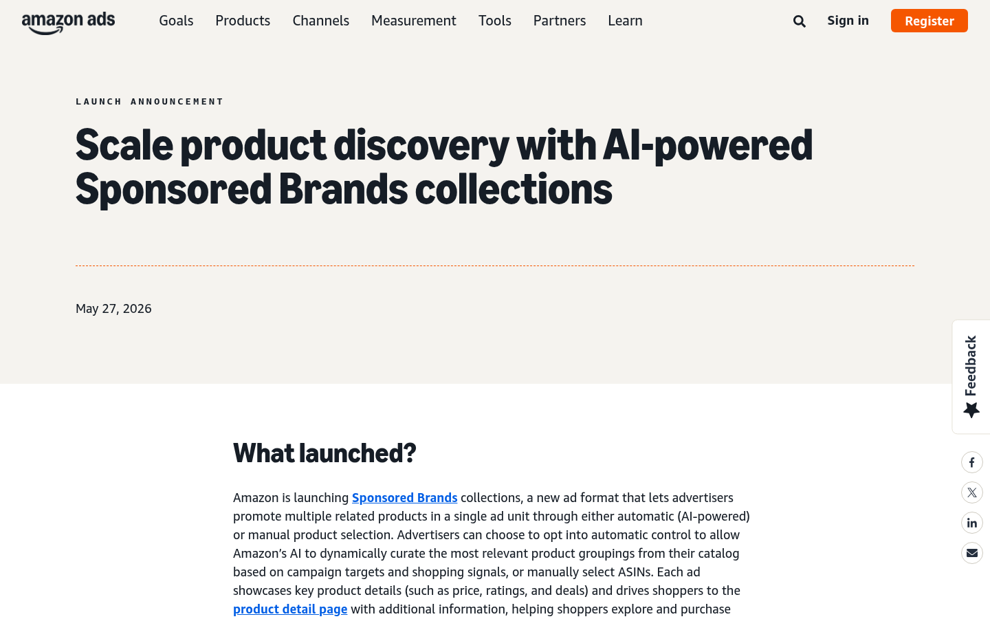 Official Amazon Ads screenshot showing the Sponsored Brands collections launch announcement from May 27, 2026