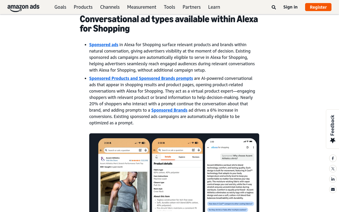 Official Amazon Ads screenshot showing Alexa for Shopping Sponsored Products and Sponsored Brands prompts on product detail pages