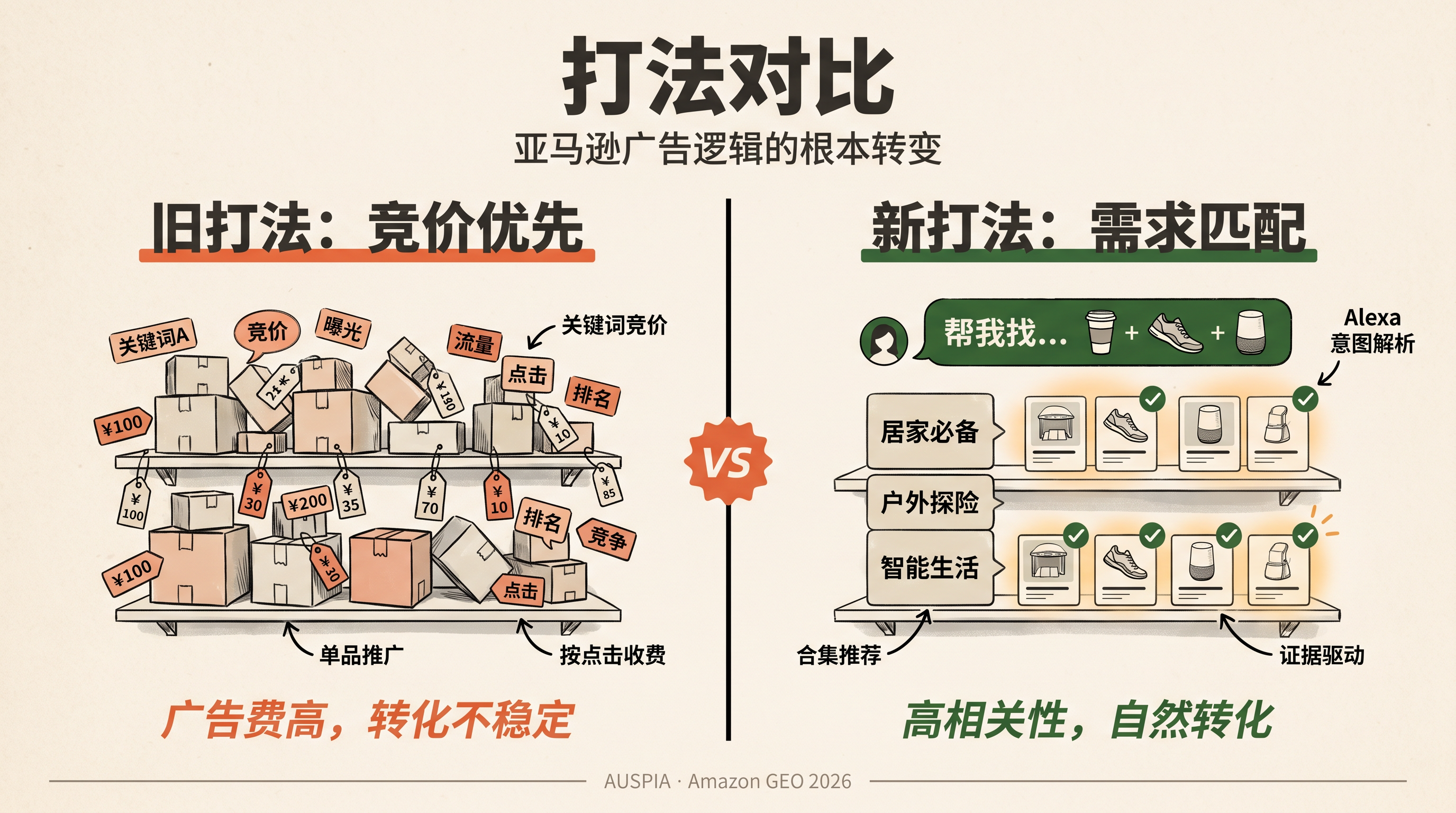 中文新旧货架对比图，左侧为竞价优先旧打法，右侧为 Alexa 需求匹配新打法