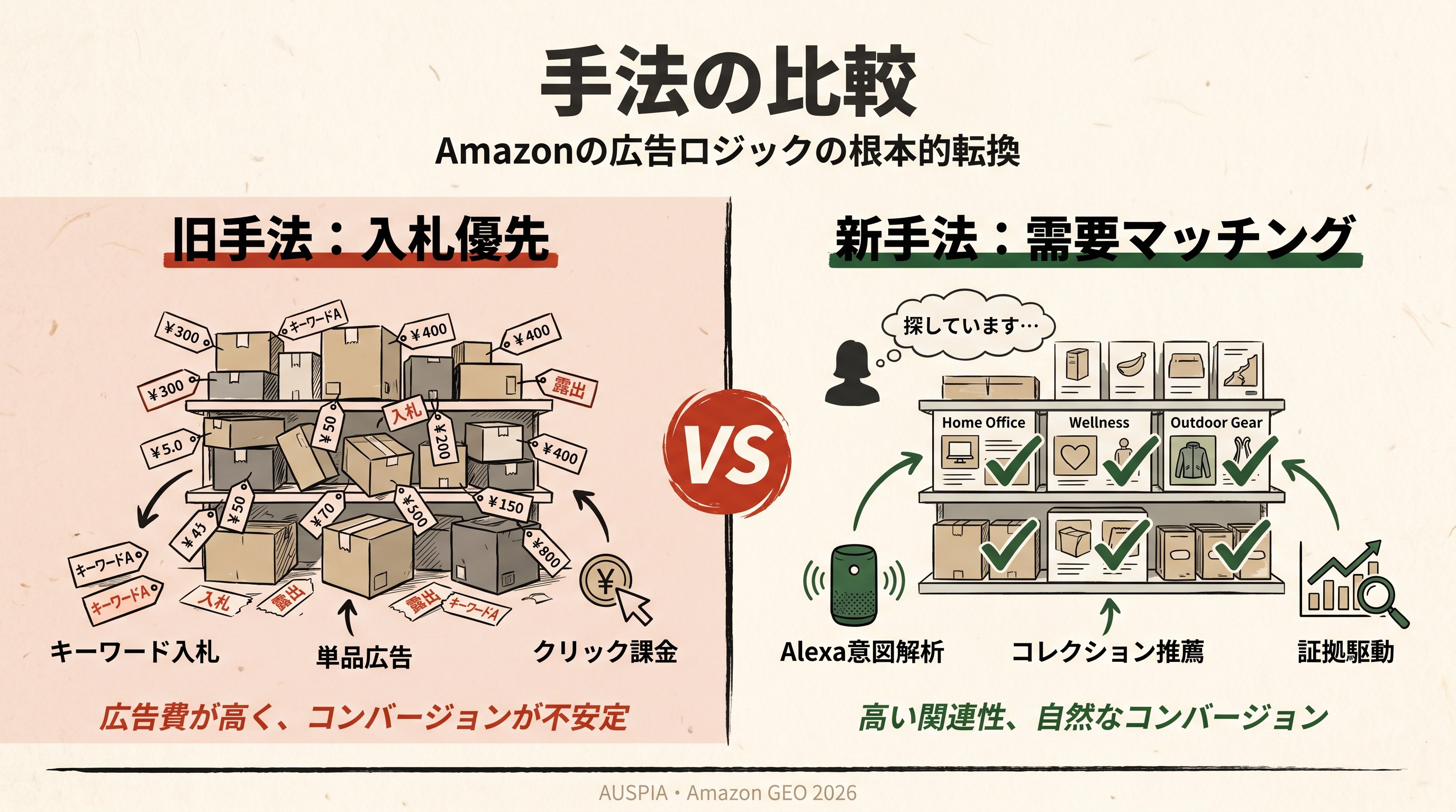 日本語の新旧比較図。左は入札優先の旧手法、右はAlexaによる需要マッチング型の新手法を示している