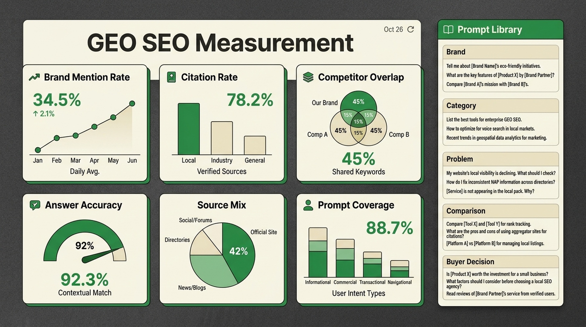 GEO SEO measurement dashboard with brand mention rate, citation rate, competitor overlap, answer accuracy, and source mix.