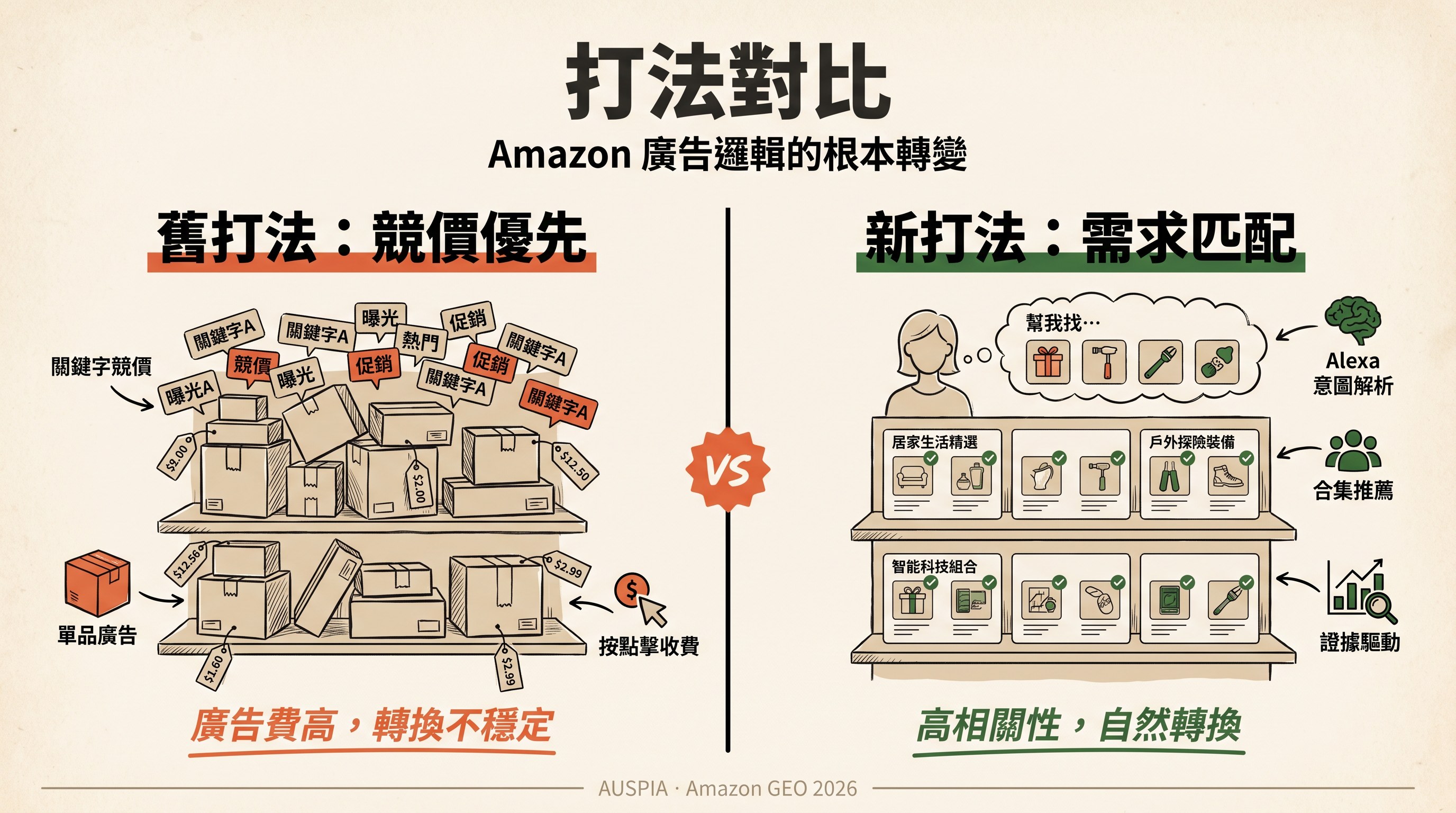 繁體中文新舊貨架對比圖，左側為競價優先舊打法，右側為 Alexa 需求匹配新打法