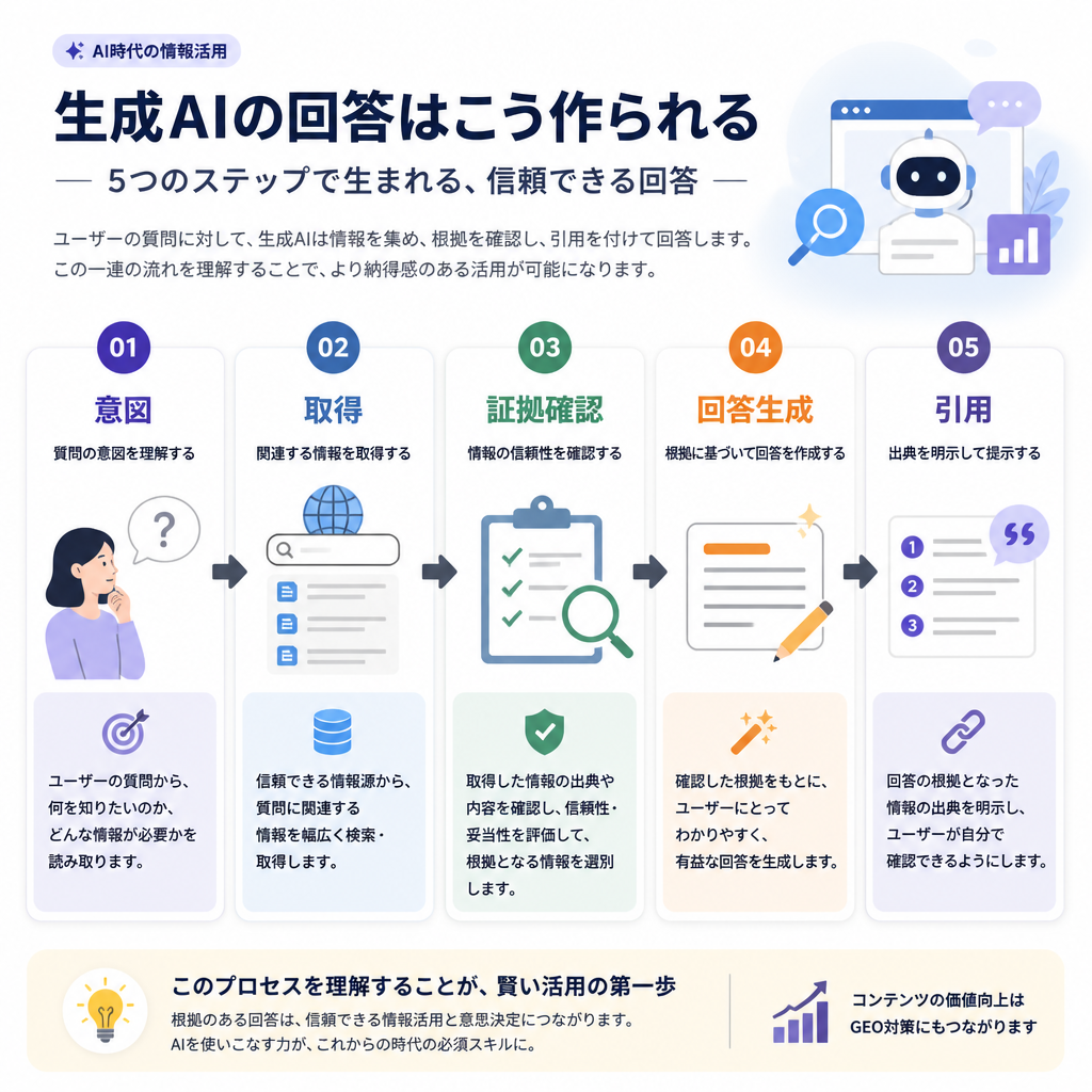 意図、取得、証拠の絞り込み、回答生成、引用という 5 段階の生成回答フロー