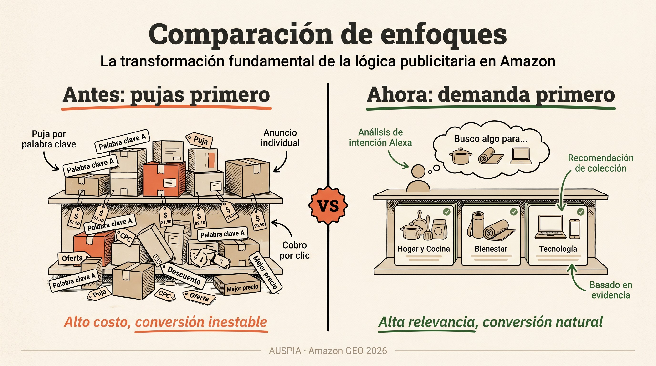 Comparación en español entre el viejo enfoque de pujas primero y el nuevo enfoque de emparejamiento de demanda con Alexa